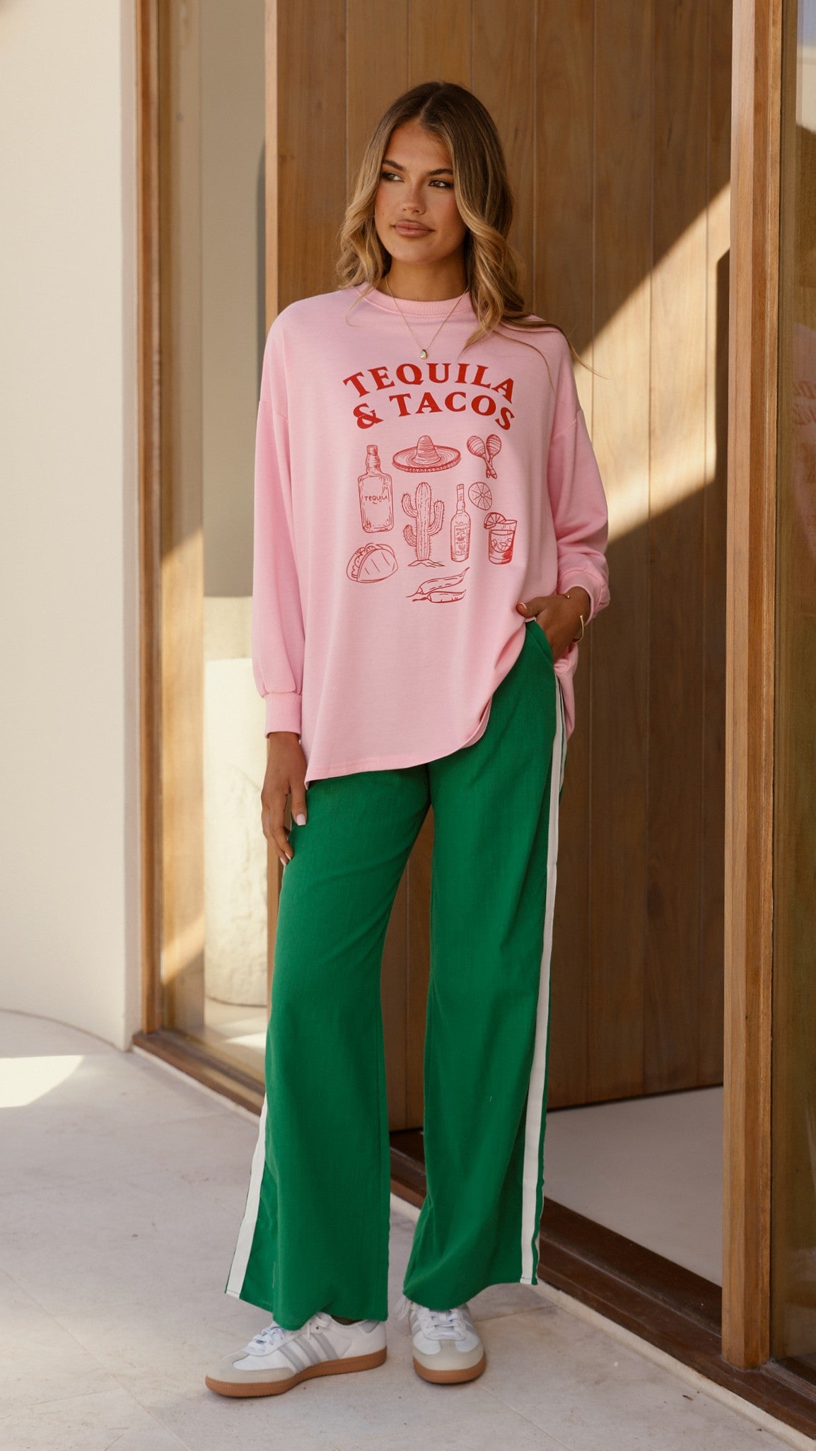 Tequila and Tacos Long Sleeve Top and Pants Set - Pink / Green