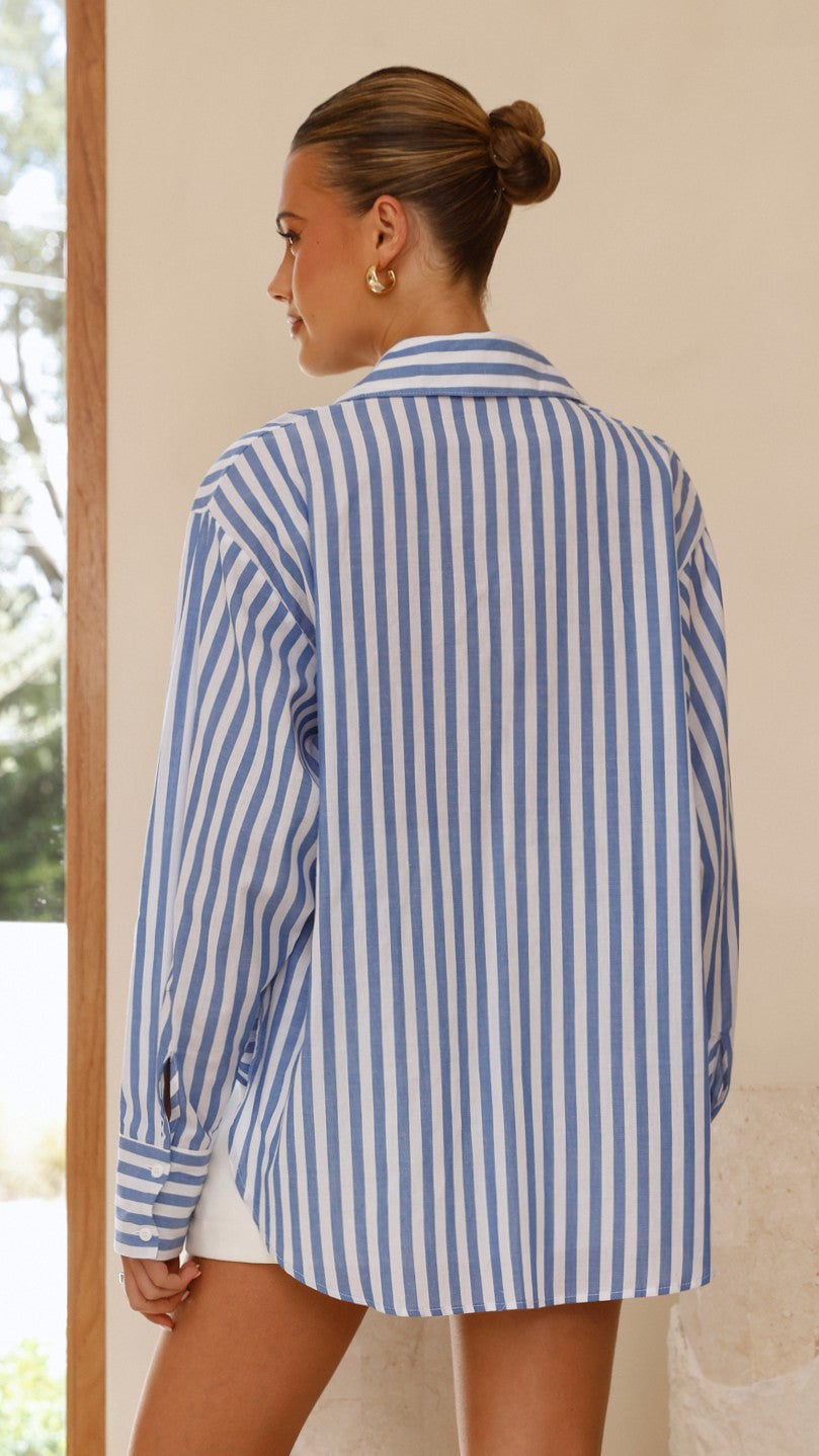 Zoah Long Sleeve Button Up Shirt - Blue/White Stripe