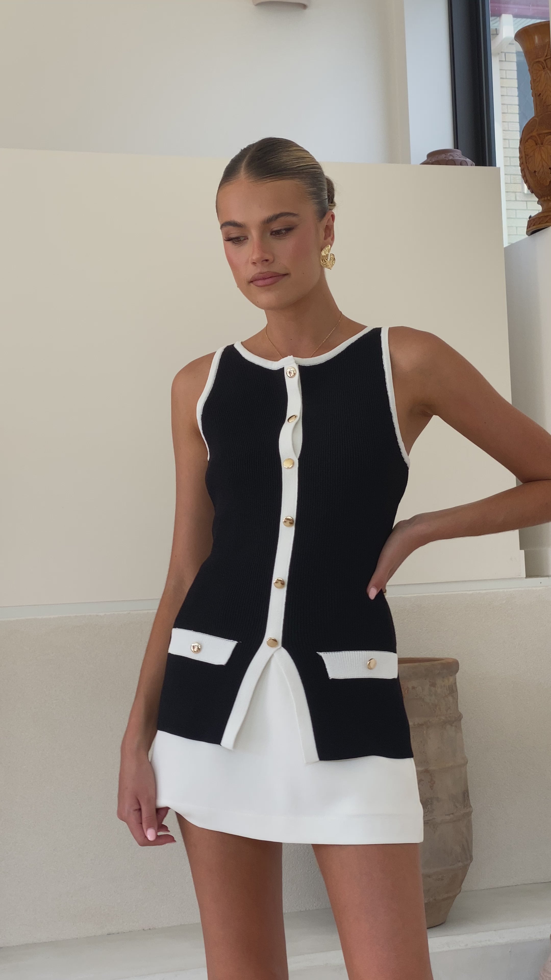 Antoinette Button Up Vest - Black/White