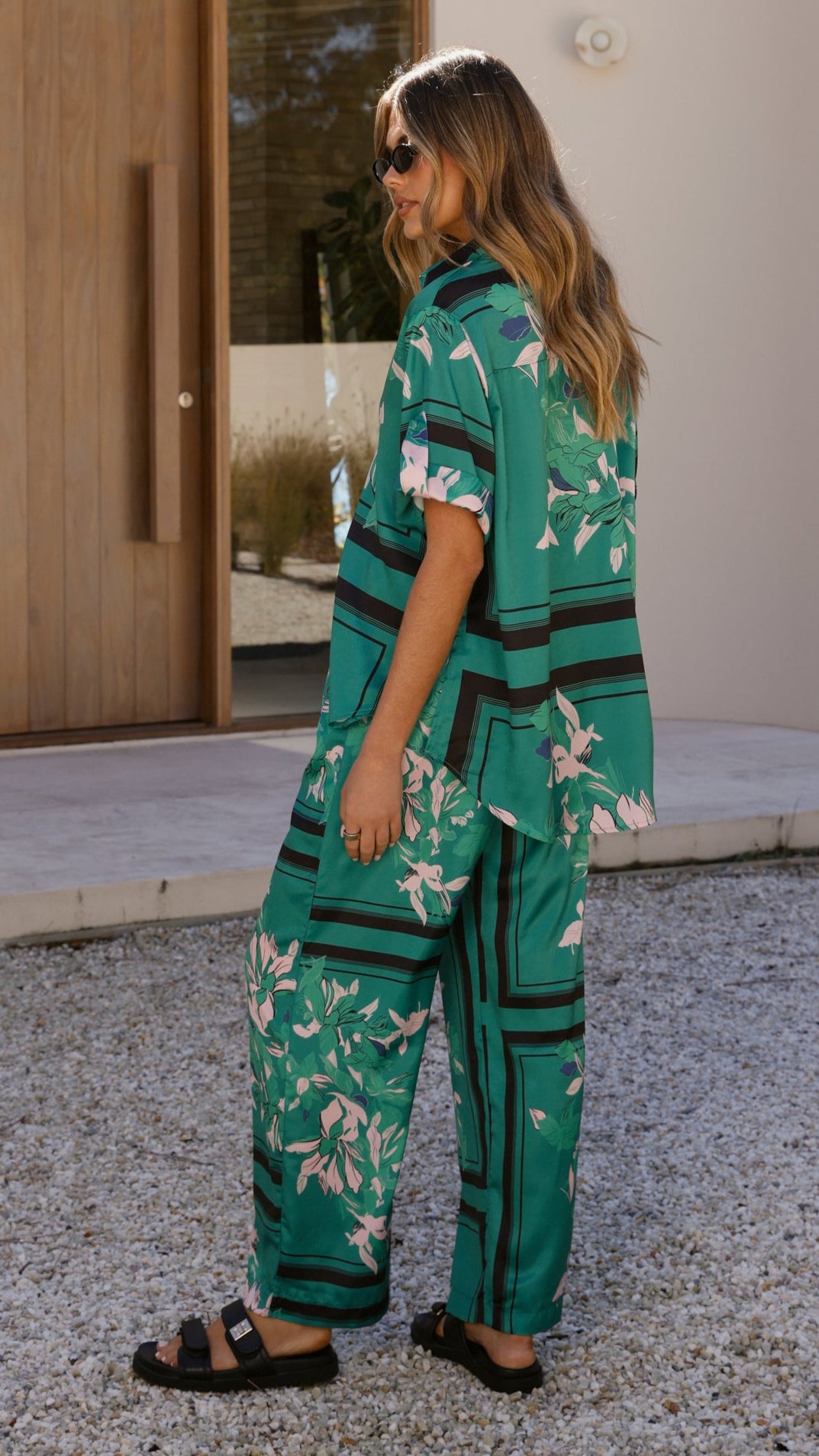 Vallerie Button Up Shirt - Green/Pink Print