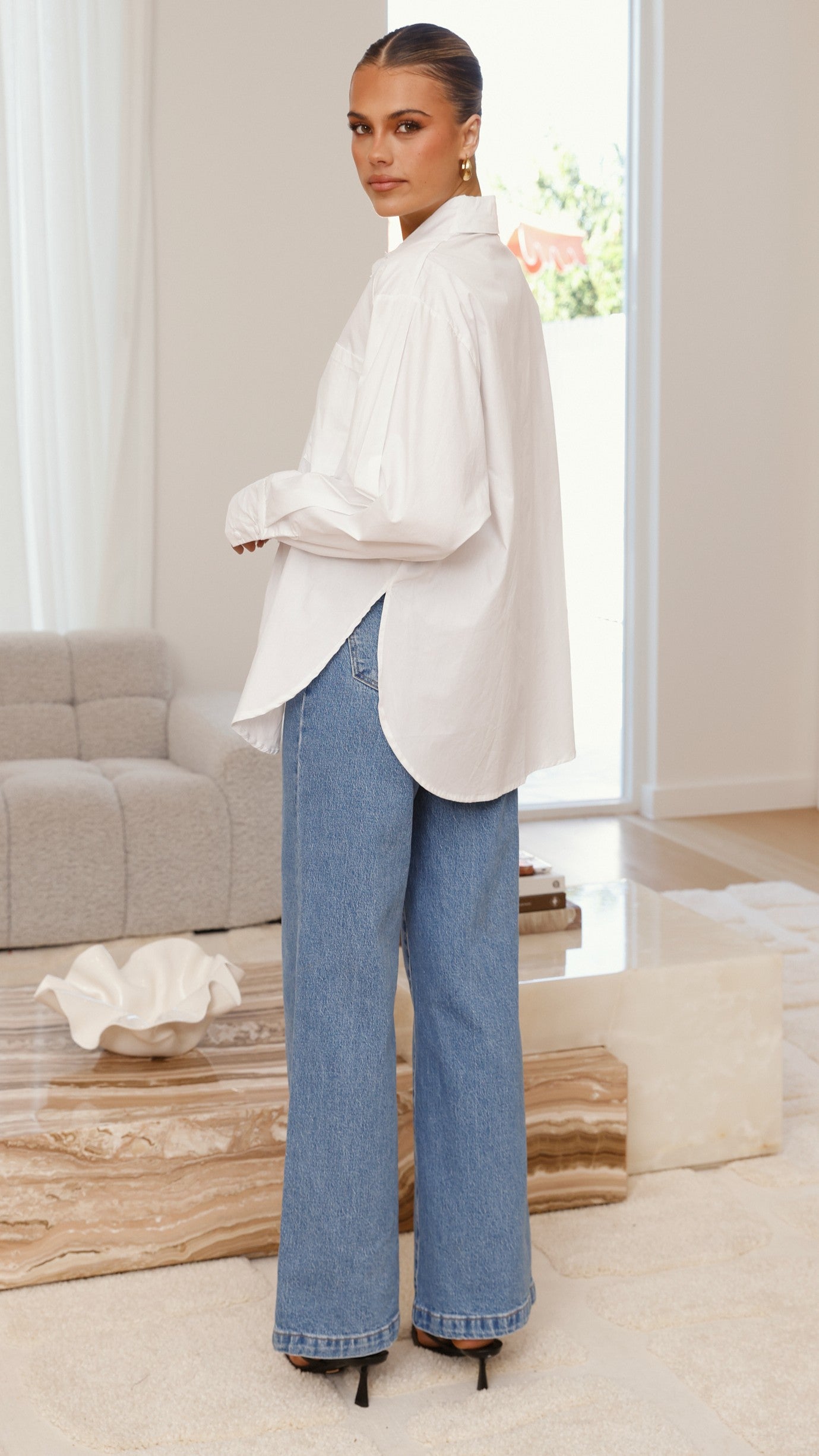 Charla Button Up Poplin Top - White