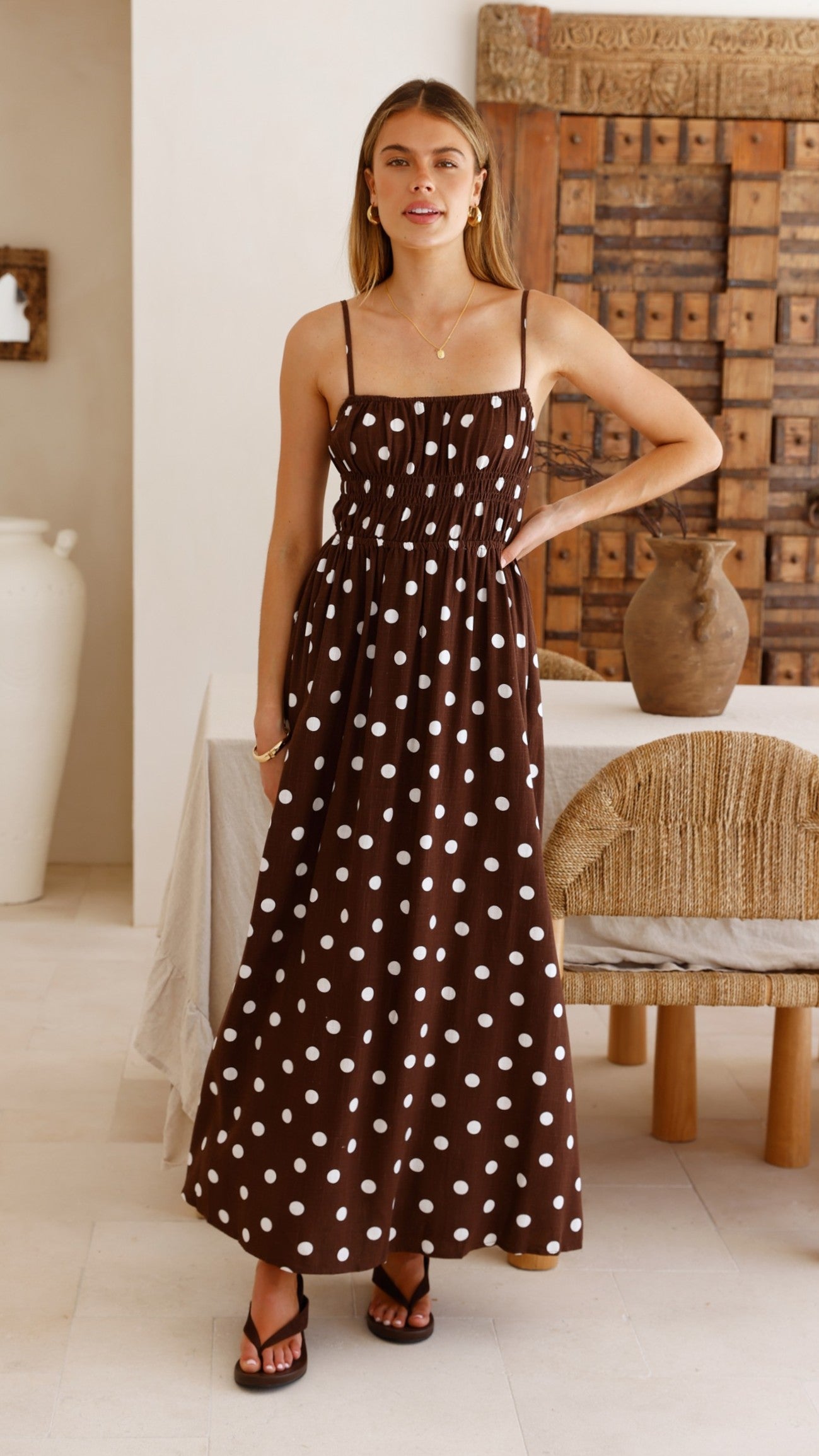 Solare Maxi Dress - Brown/White Polka