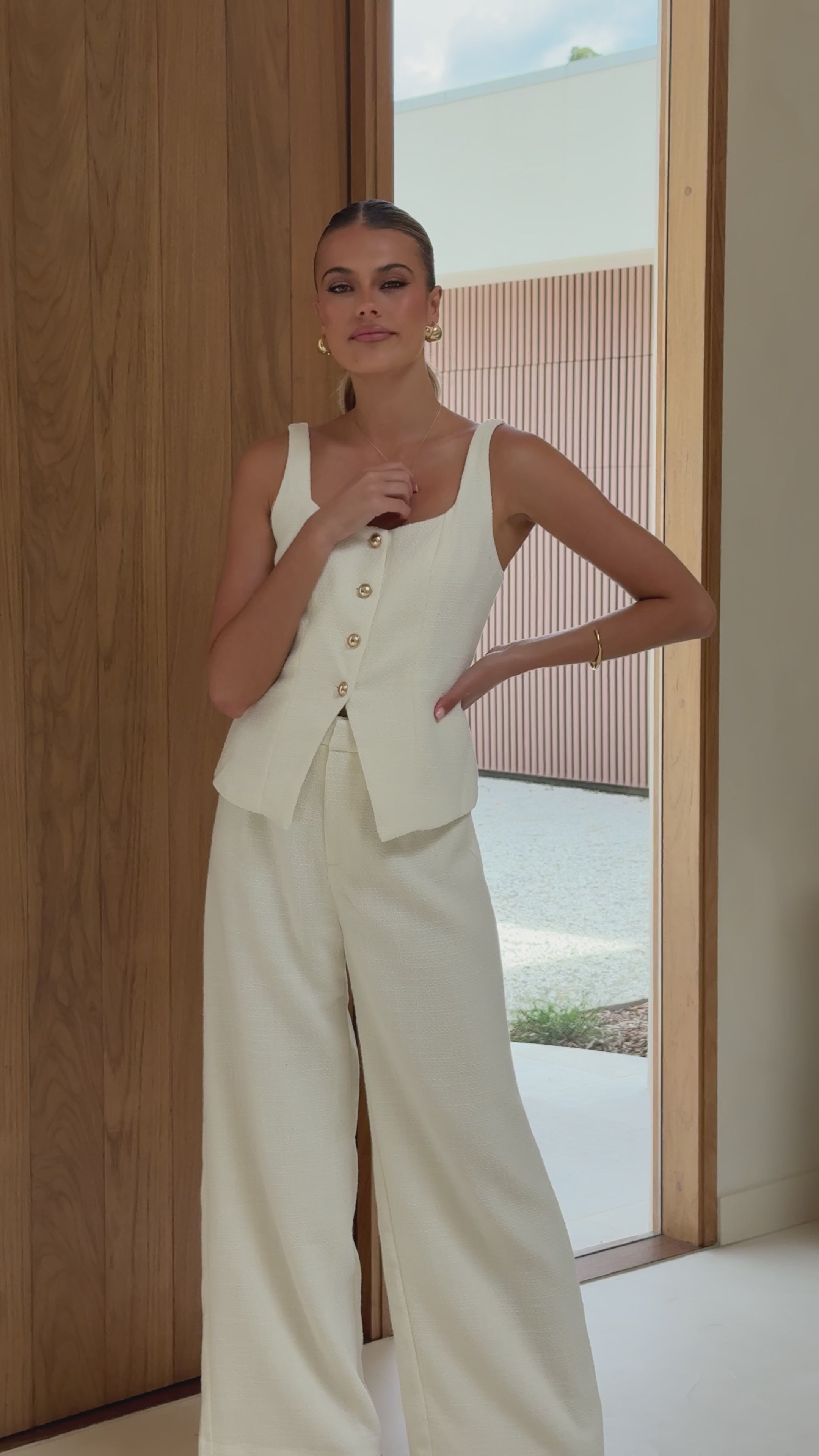 Karrina Tweed Button Up Vest and Pants Set - White