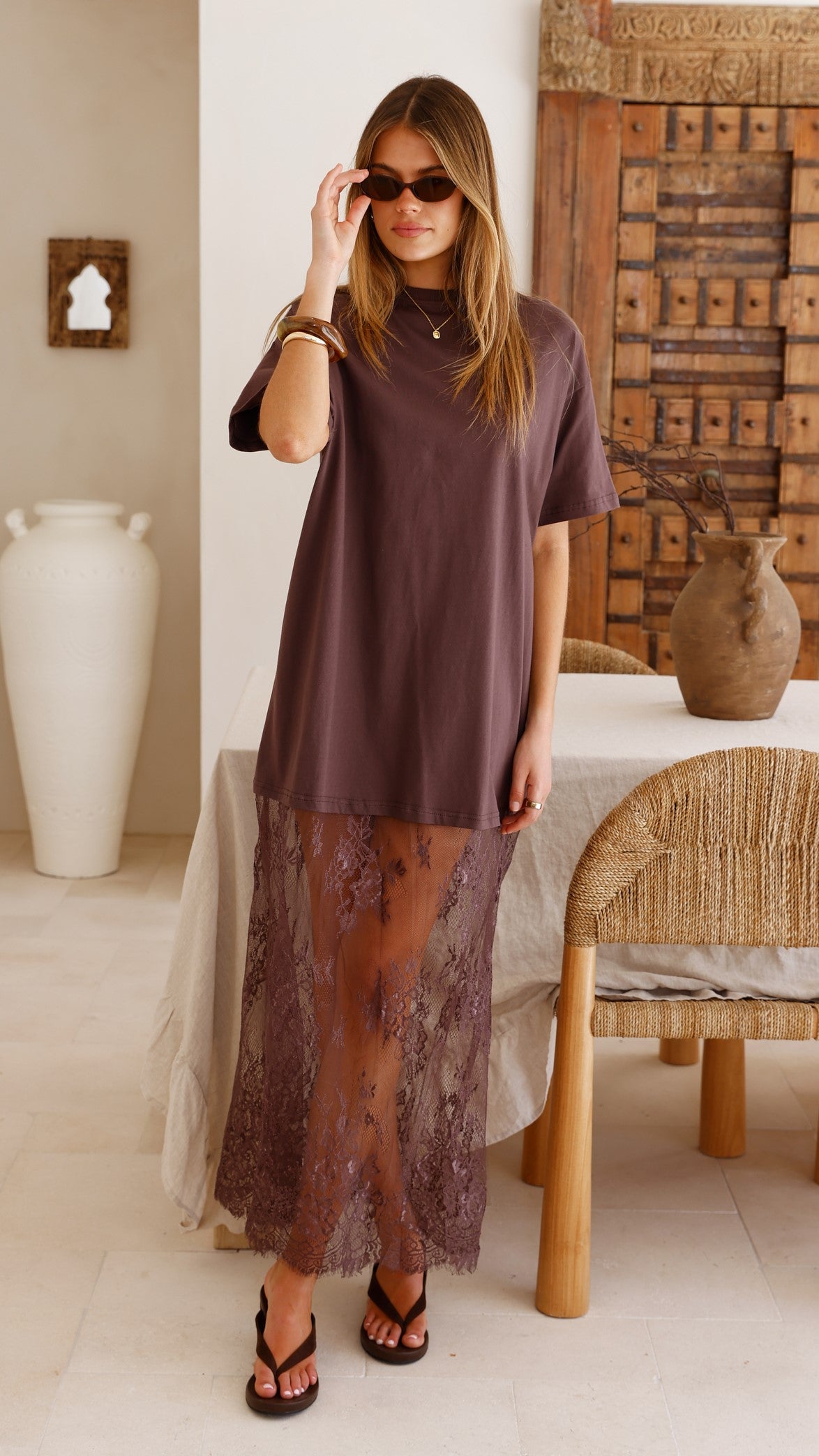 Raina T-Shirt Maxi Dress - Brown Lace