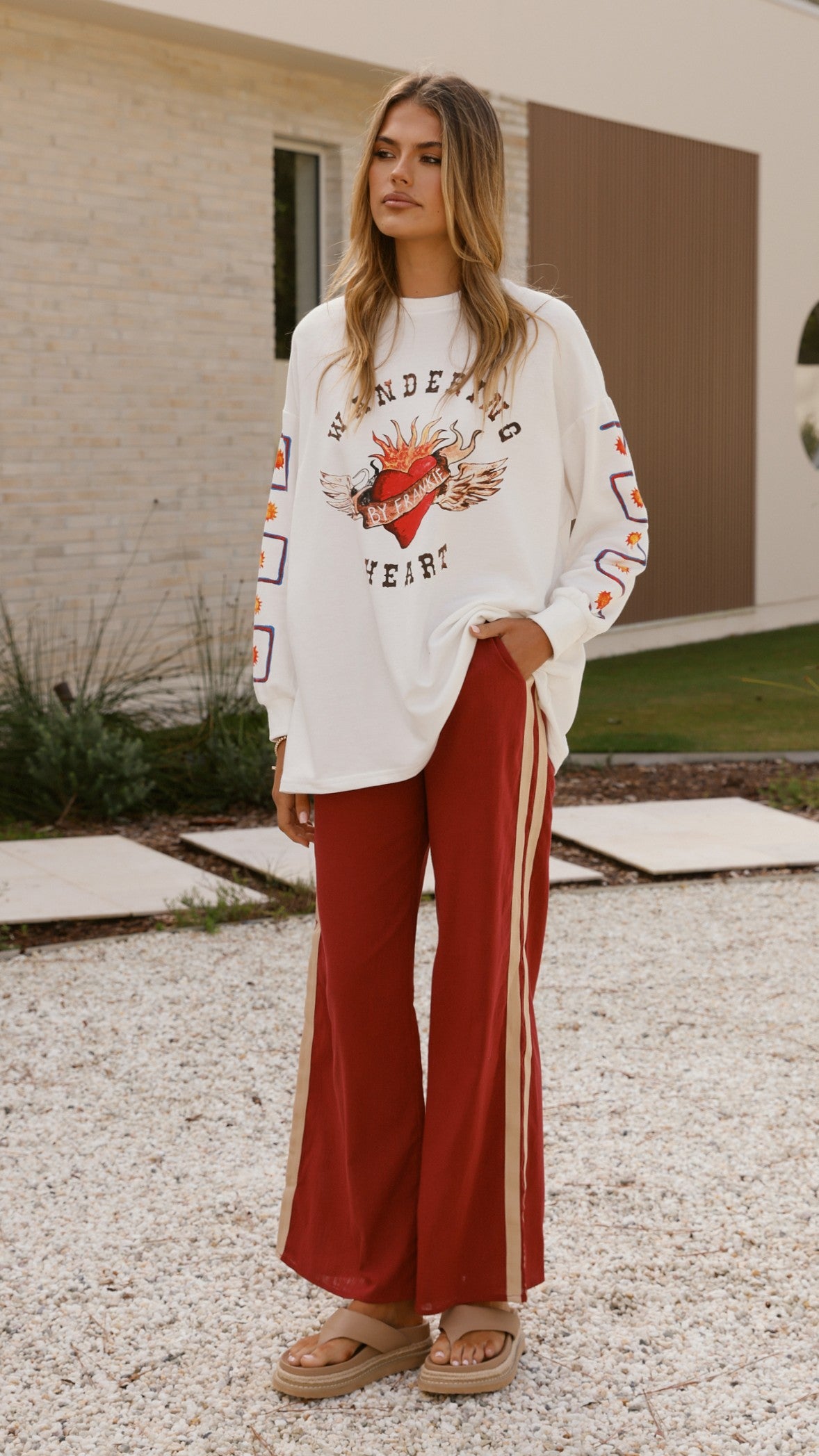 Wandering Heart Long Sleeve Top and Pants Set - Dark Red