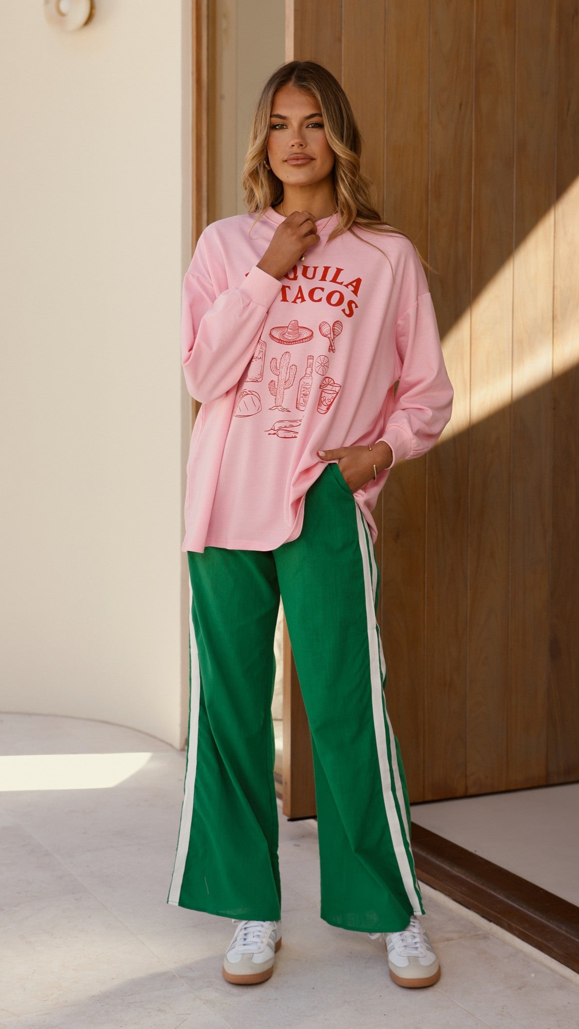 Tequila and Tacos Long Sleeve Top and Pants Set - Pink / Green