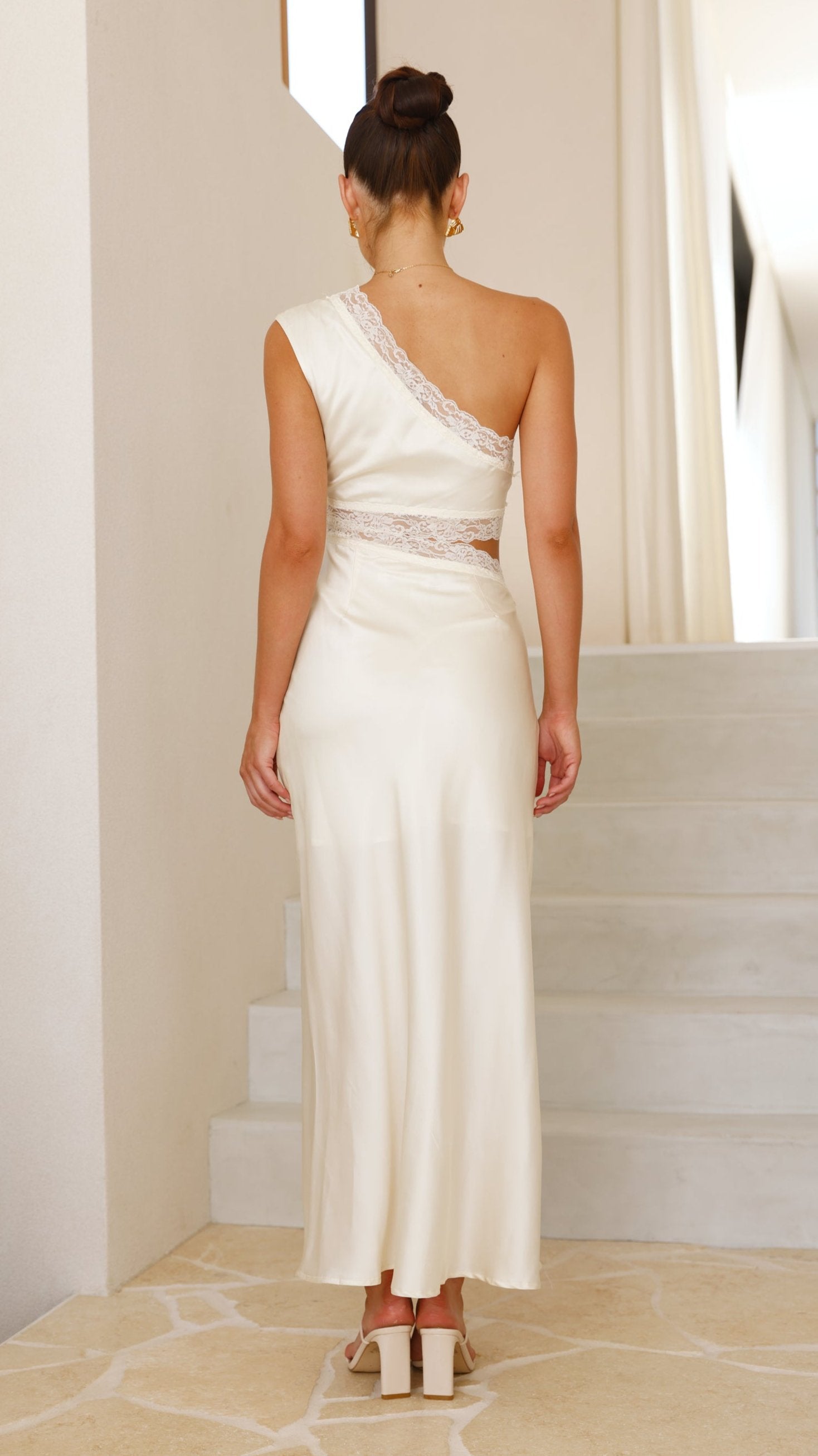 Emily One Shoulder Maxi Dress - Ivory / Blue