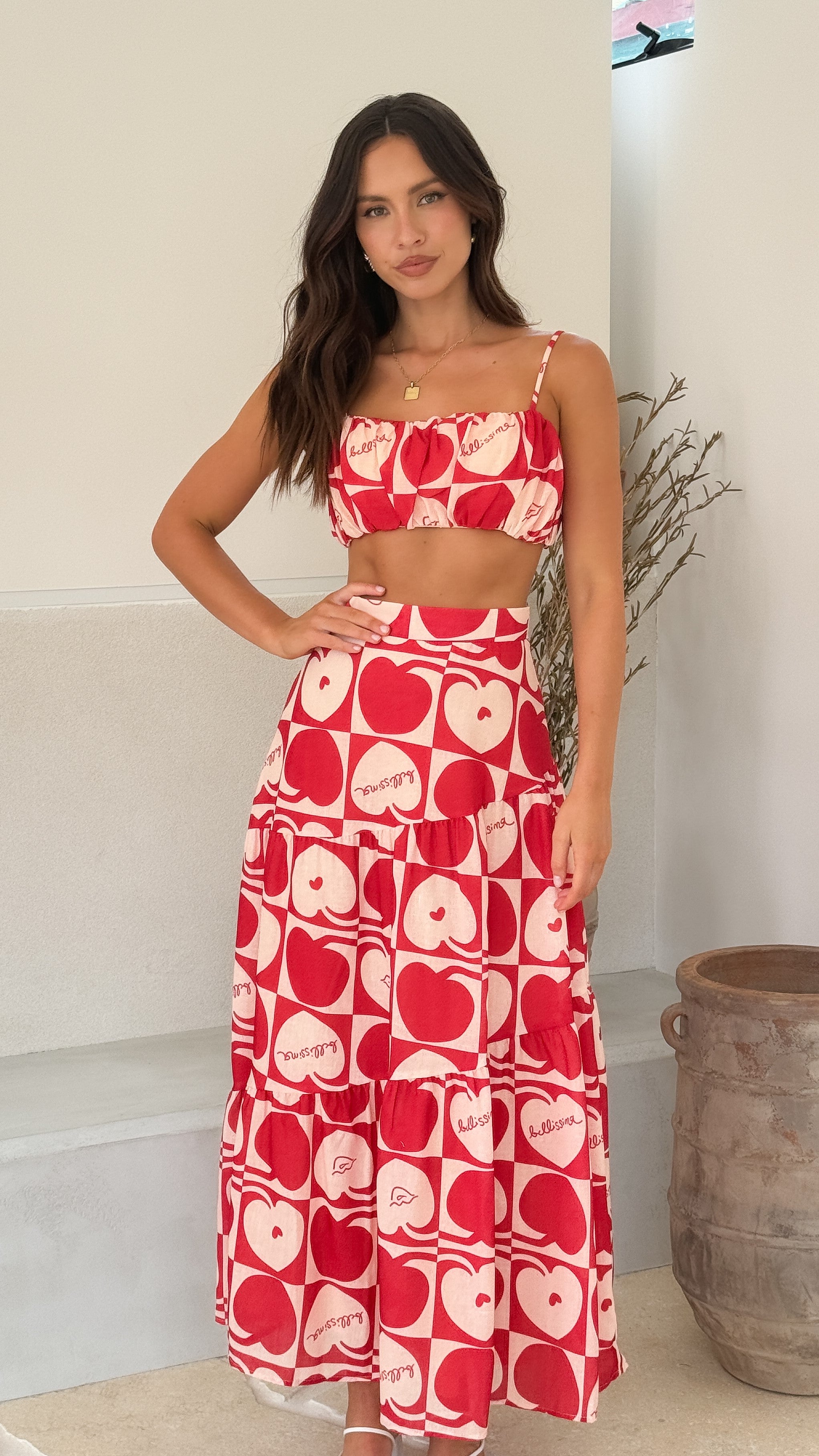Saraya Top and Skirt Set - Red / White