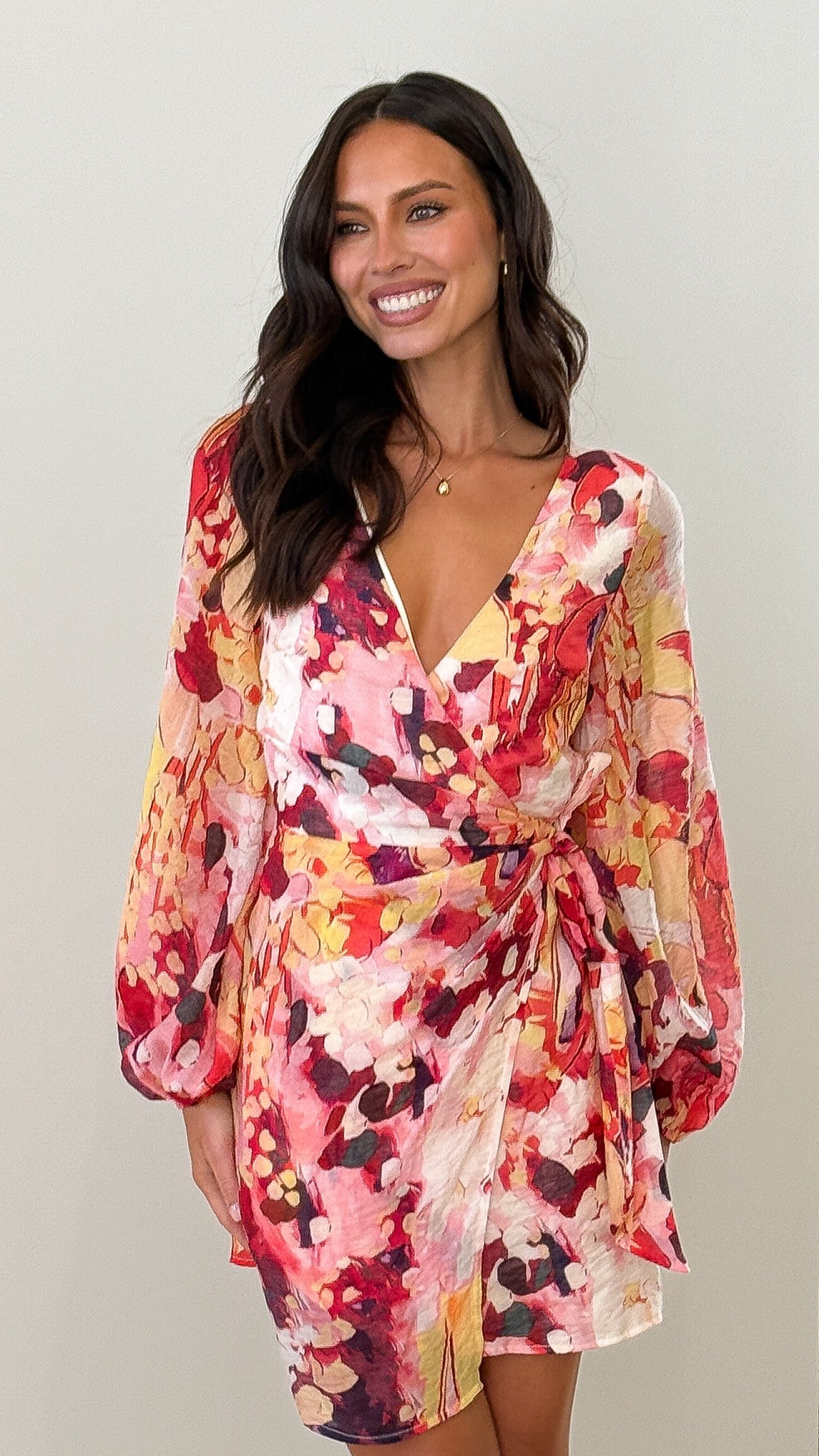 Jemma Long Sleeve Mini Dress - Pink Abstract