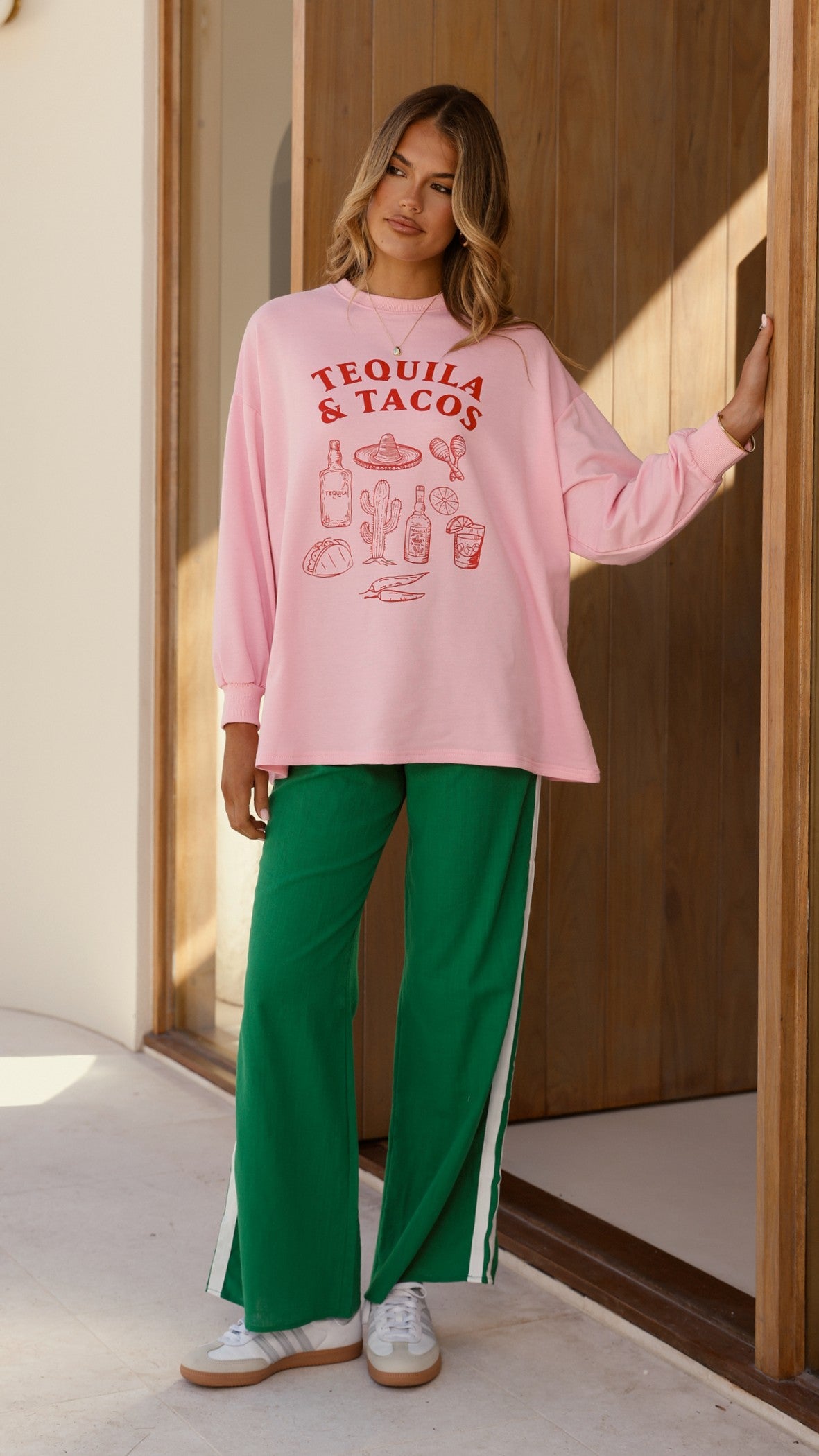 Tequila and Tacos Long Sleeve Top and Pants Set - Pink / Green