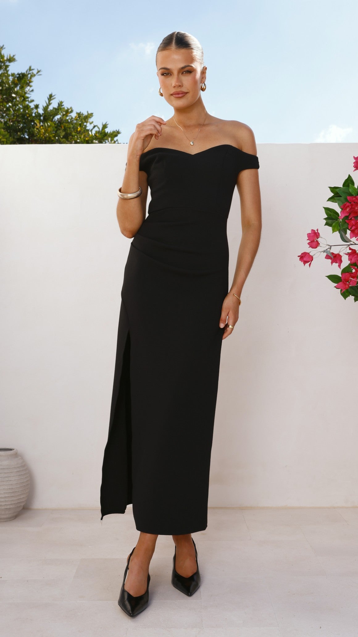 Zylah Off Shoulder Midi Dress - Black