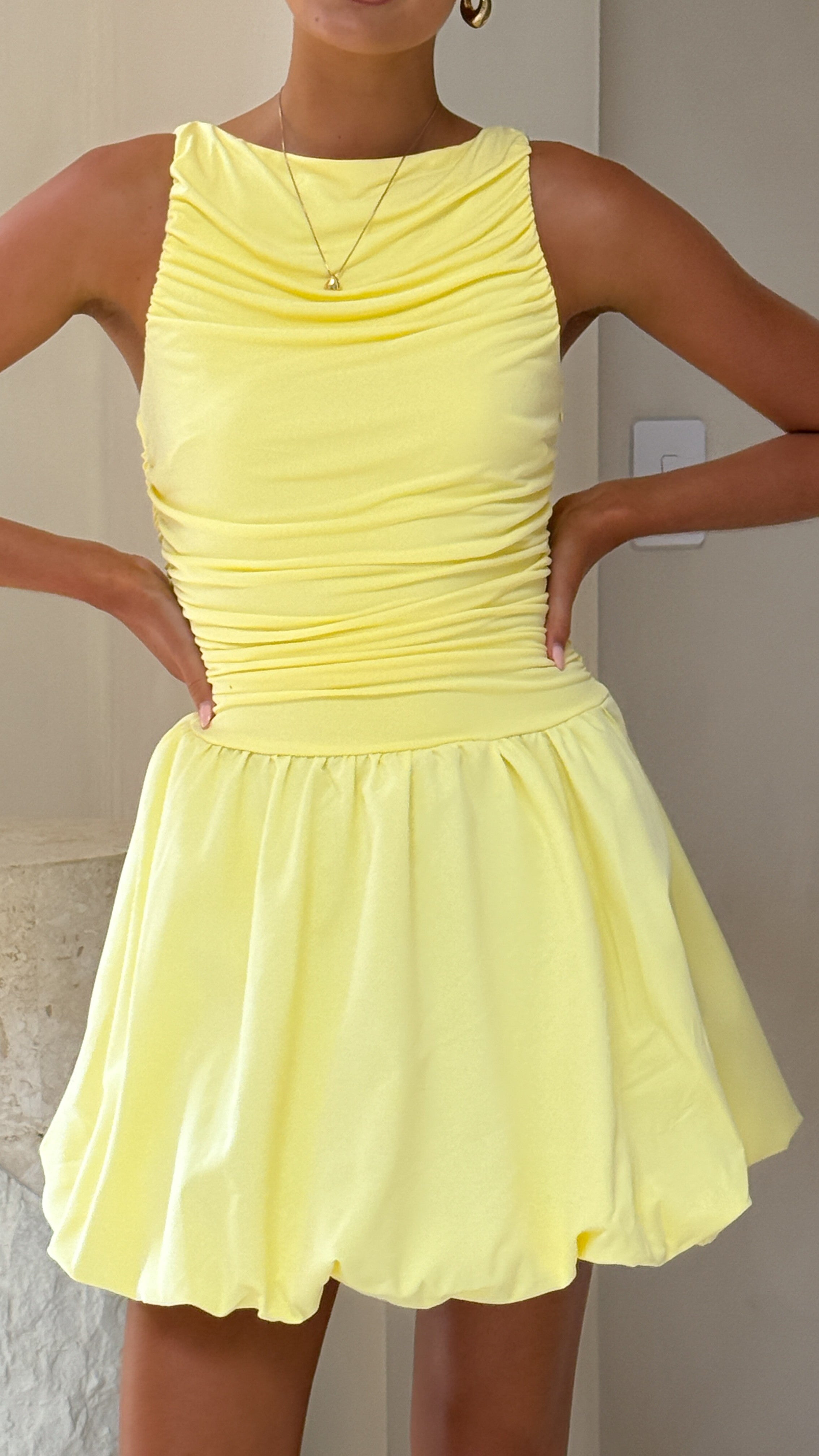 Meera Boat Neck Mini Dress - Lemon