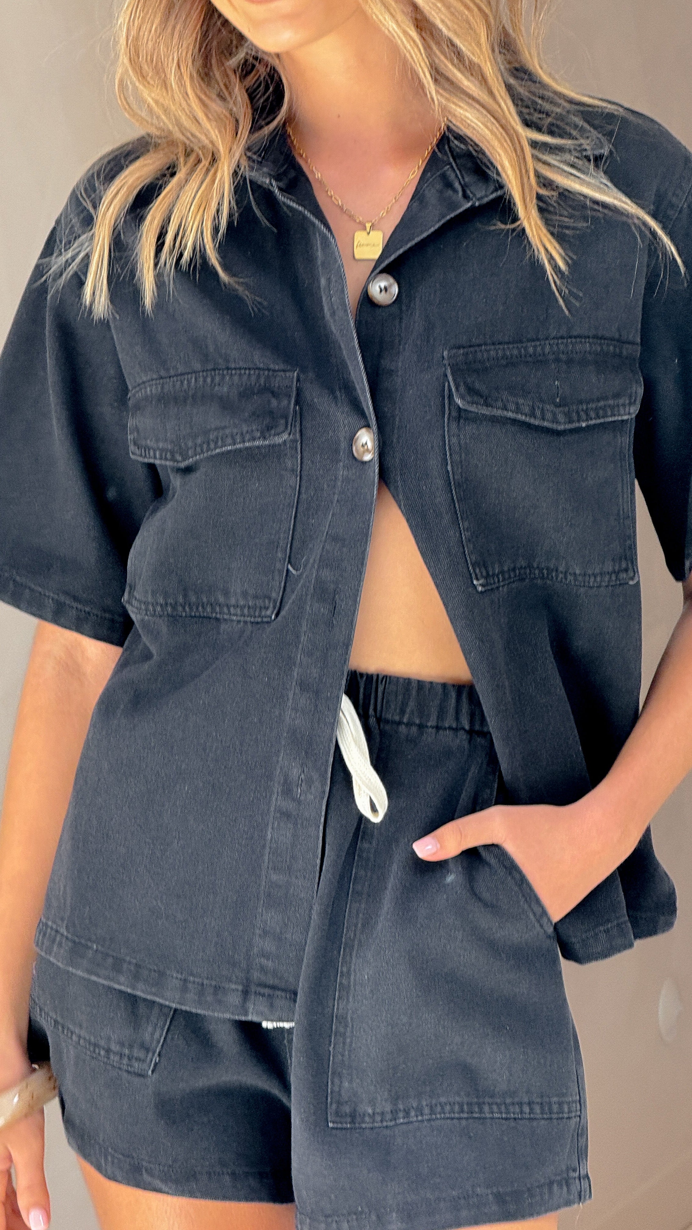 Vasila Button Up Shirt and Shorts Set - Black