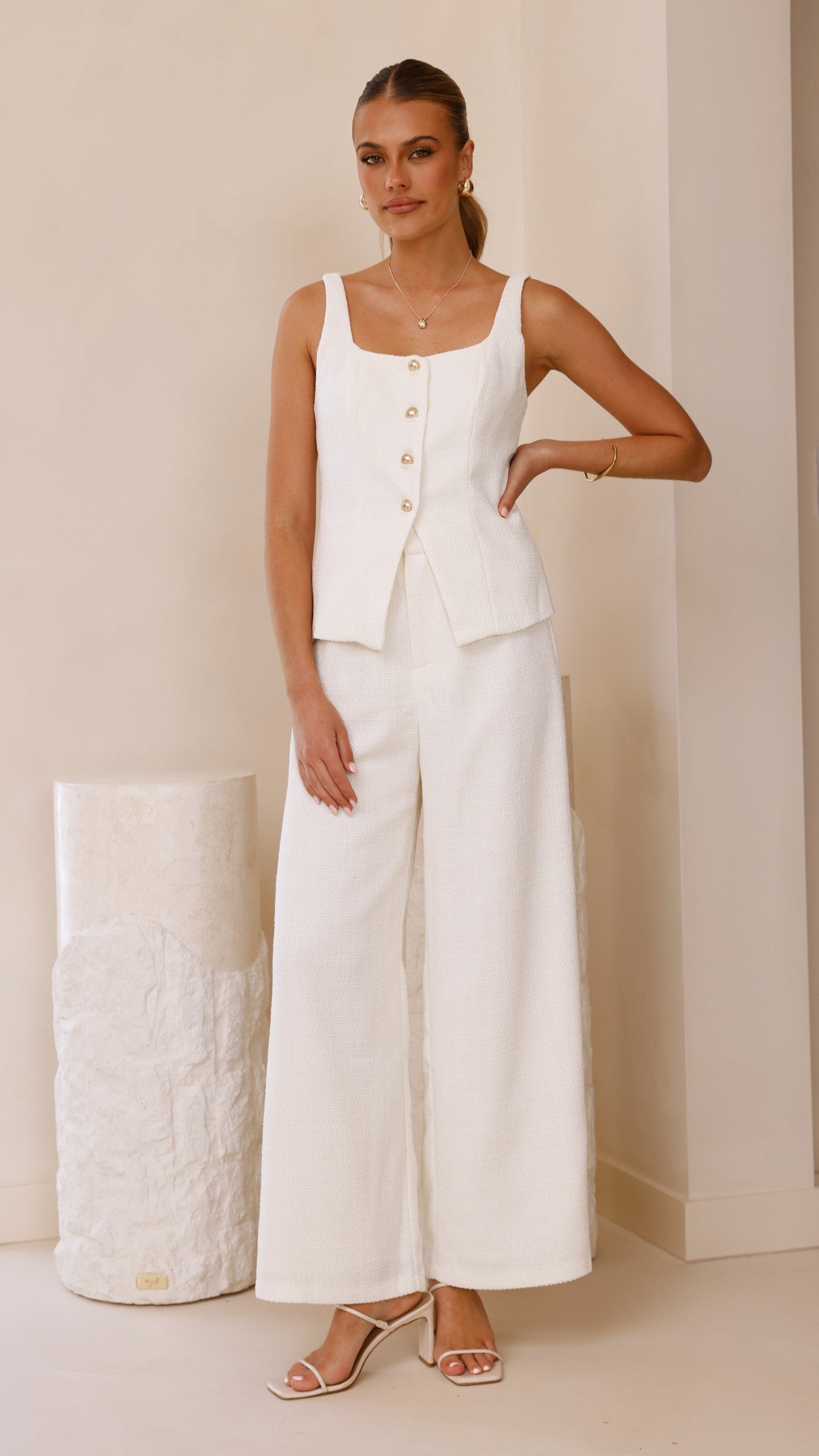 Karrina Tweed Button Up Vest and Pants Set - White