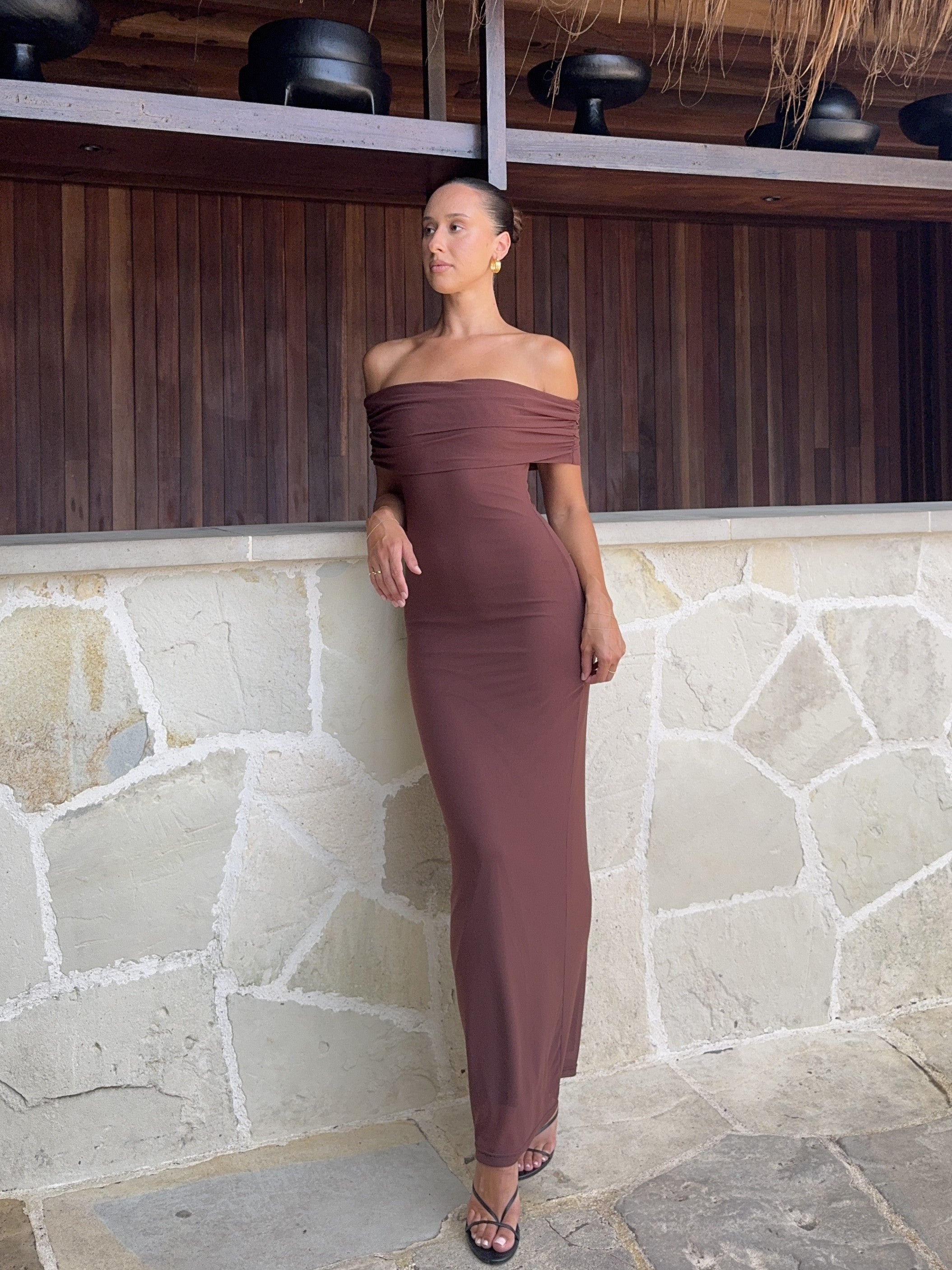Darcey Off Shoulder Maxi Dress - Brown