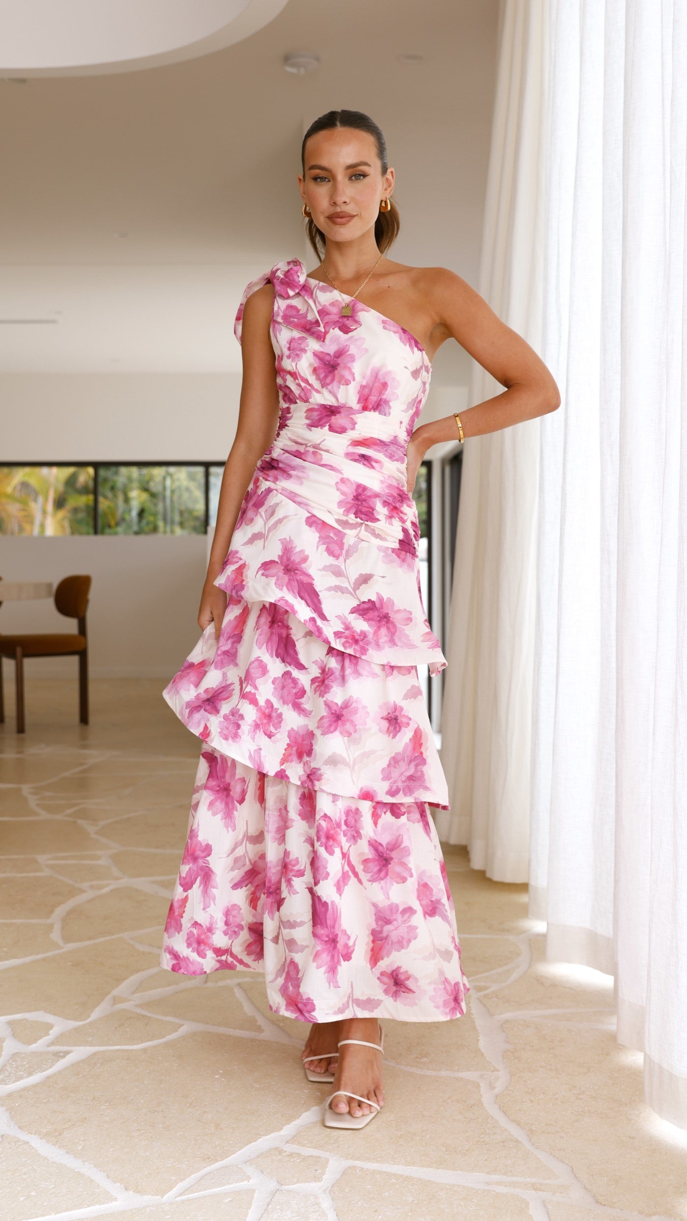 Odilie One Shoulder Maxi Dress - Pink Floral