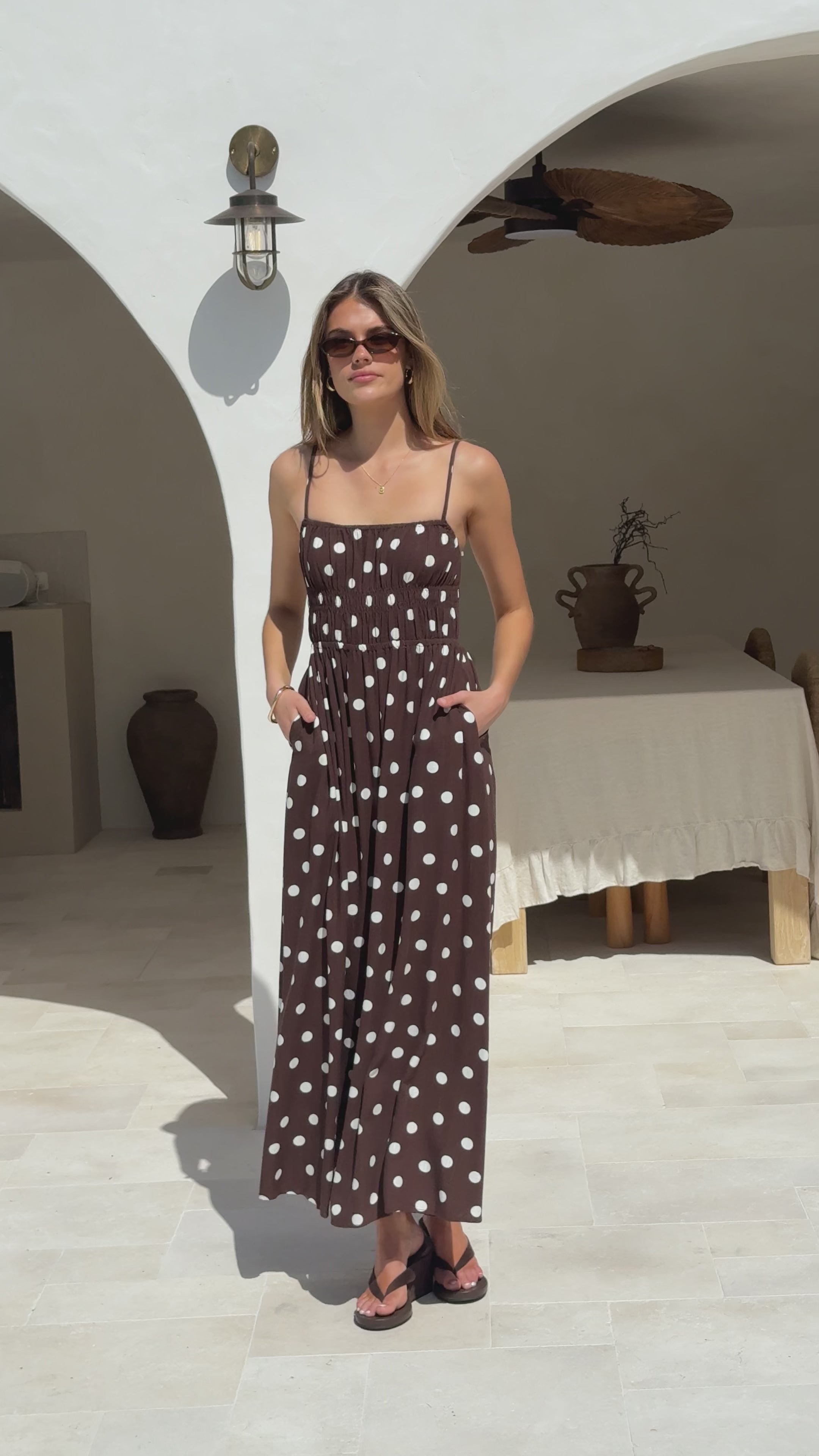 Solare Maxi Dress - Brown/White Polka