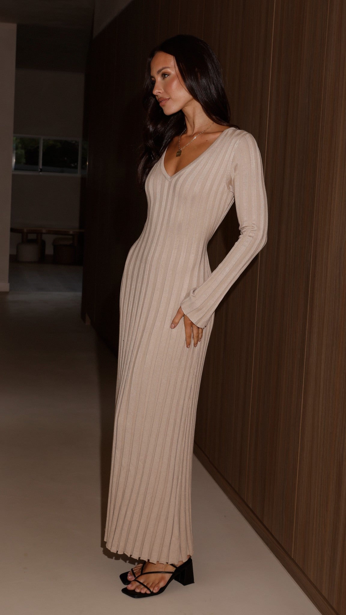 Cyra Long Sleeve Maxi Dress - Beige
