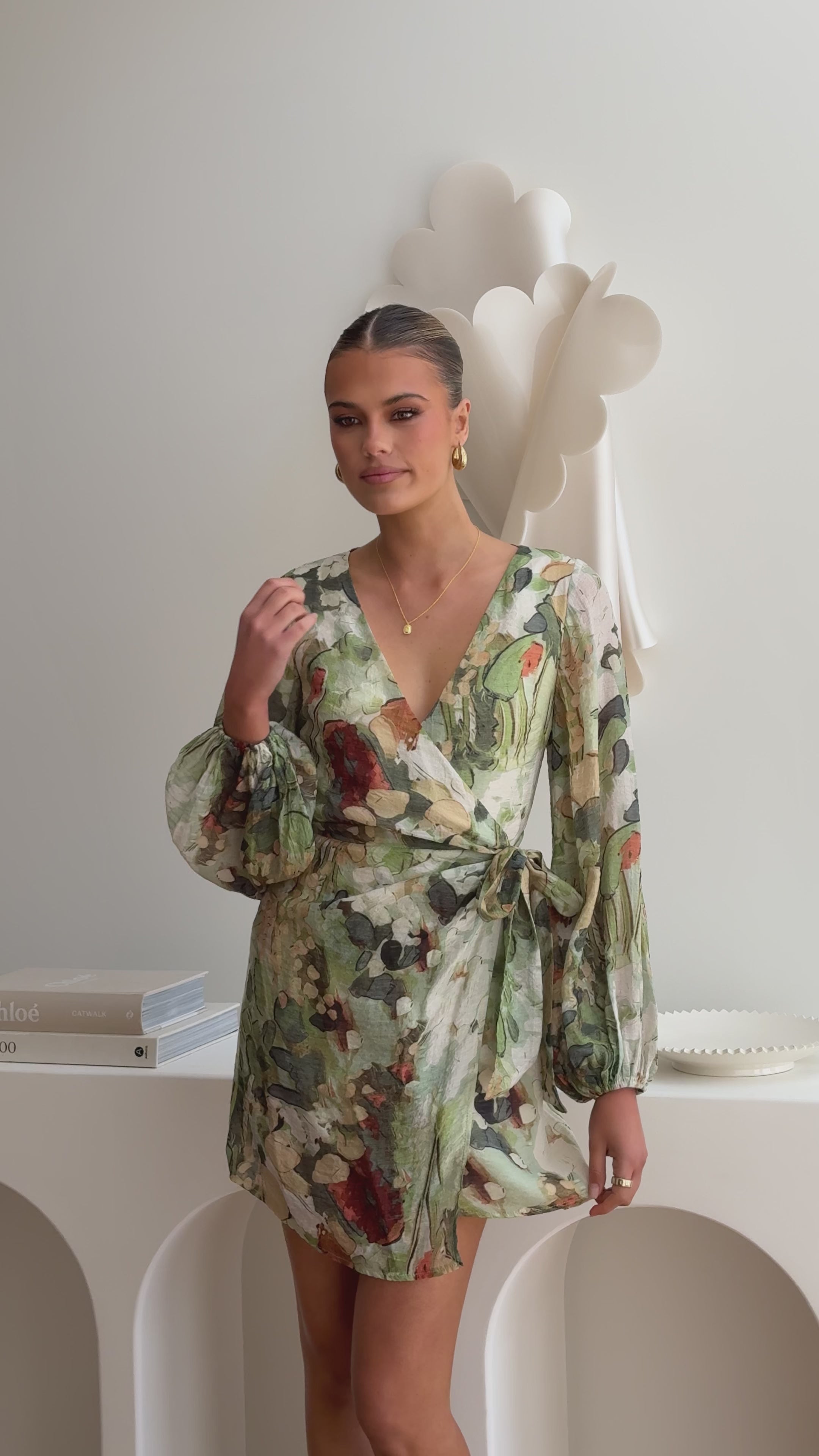 Jemma Long Sleeve Mini Dress - Green Abstract