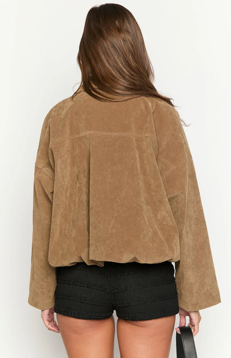 River Brown Suedette Bubble Hem Bomber Jacket