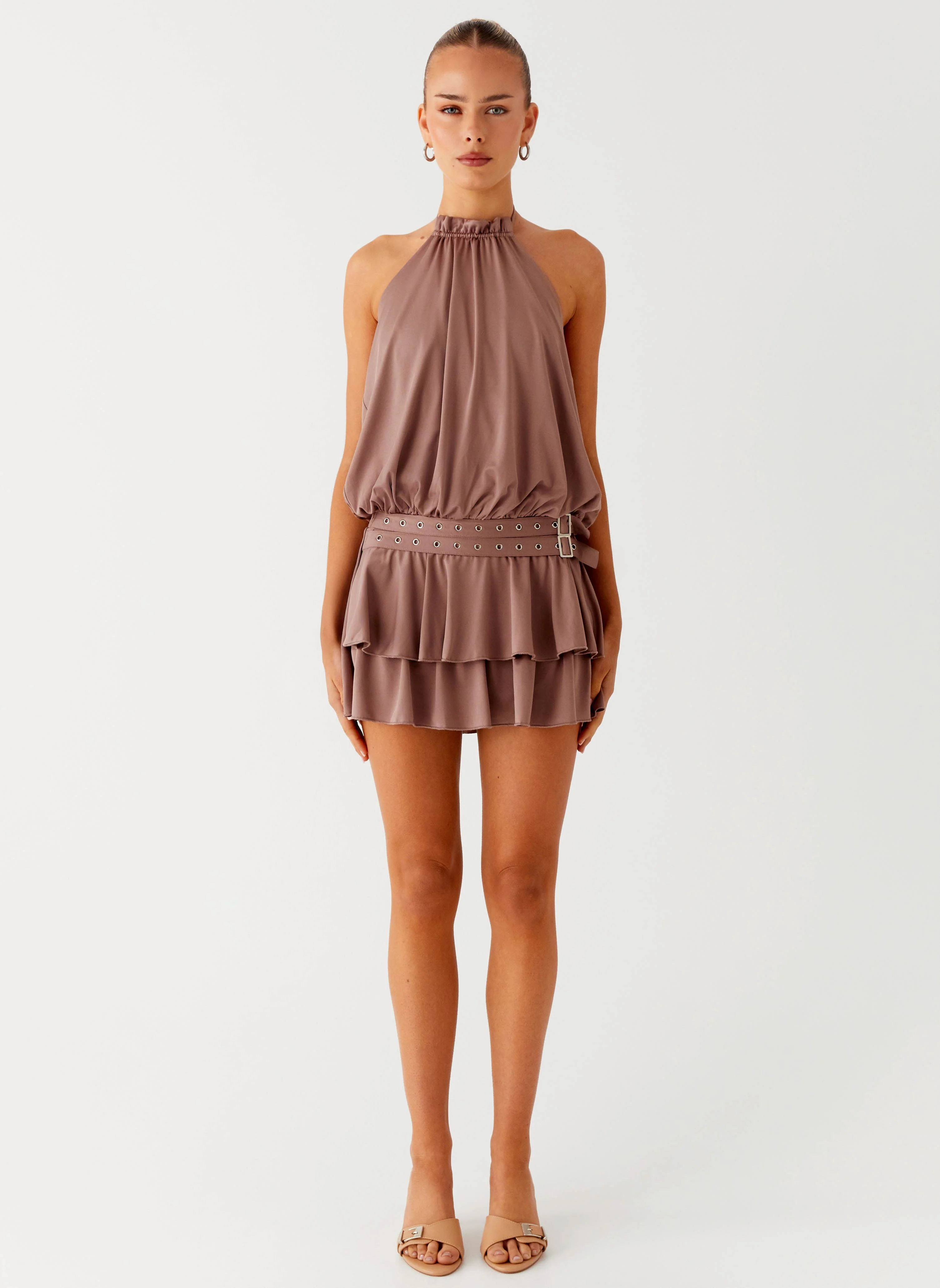 Dopamine Belt Mini Dress - Taupe