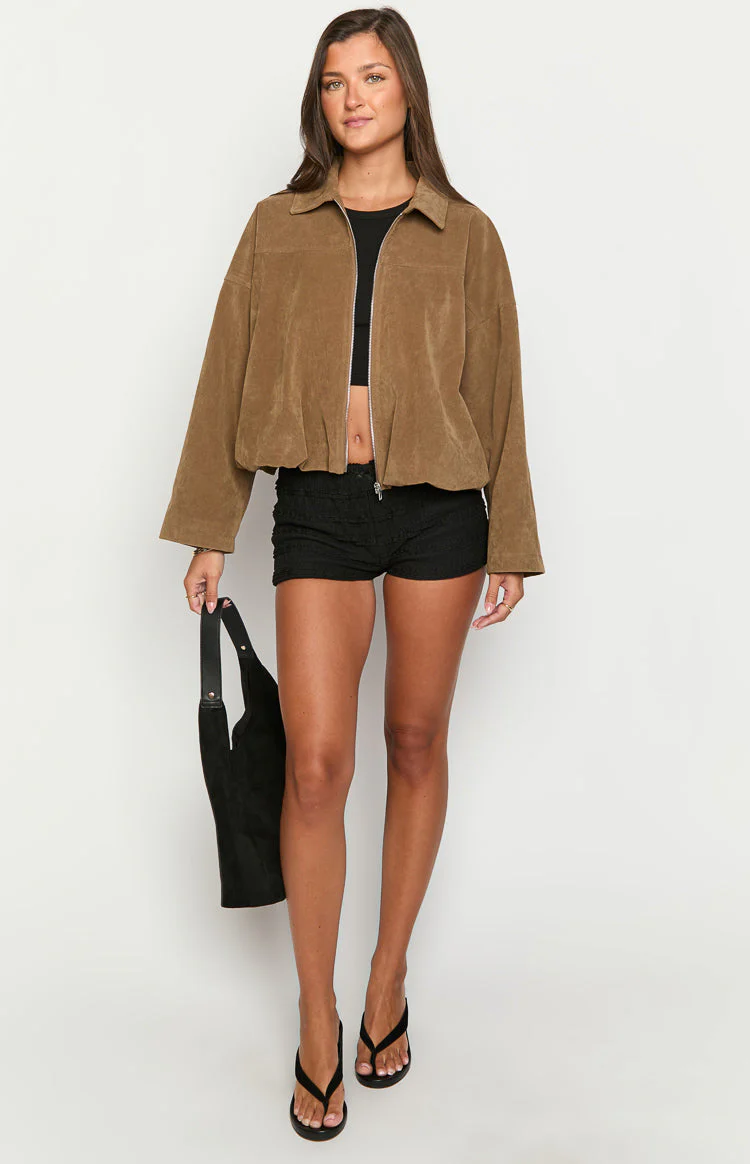 River Brown Suedette Bubble Hem Bomber Jacket
