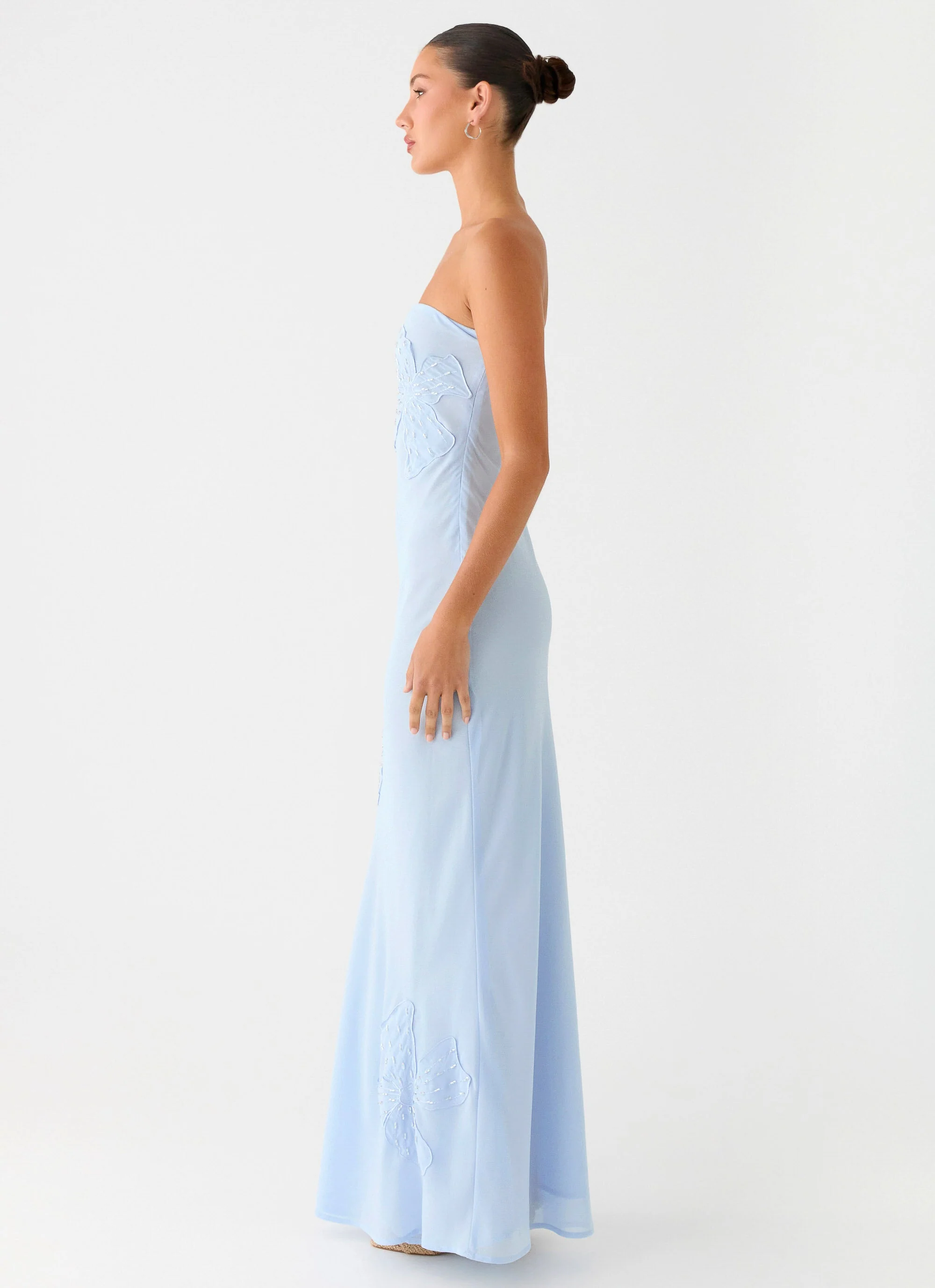 Sassafras Beaded Flower Strapless Maxi Dress - Blue
