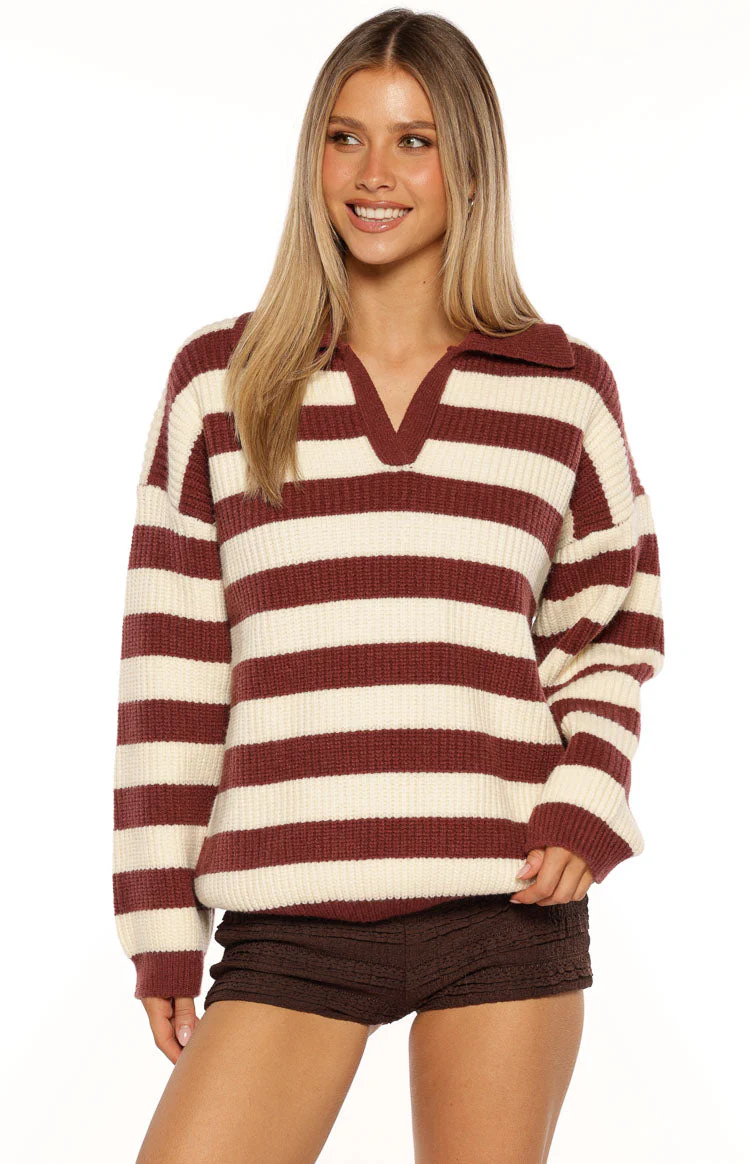 Daze Burgundy Stripe Polo Knit Sweater