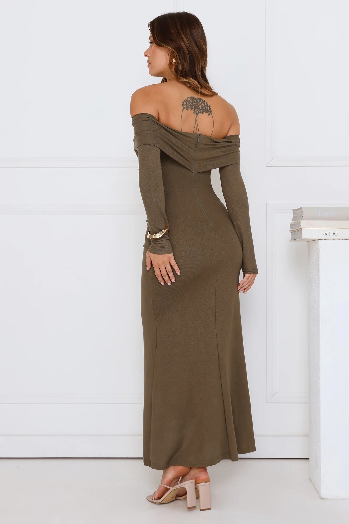 Subtle Statement Off Shoulder Maxi Dress Olive