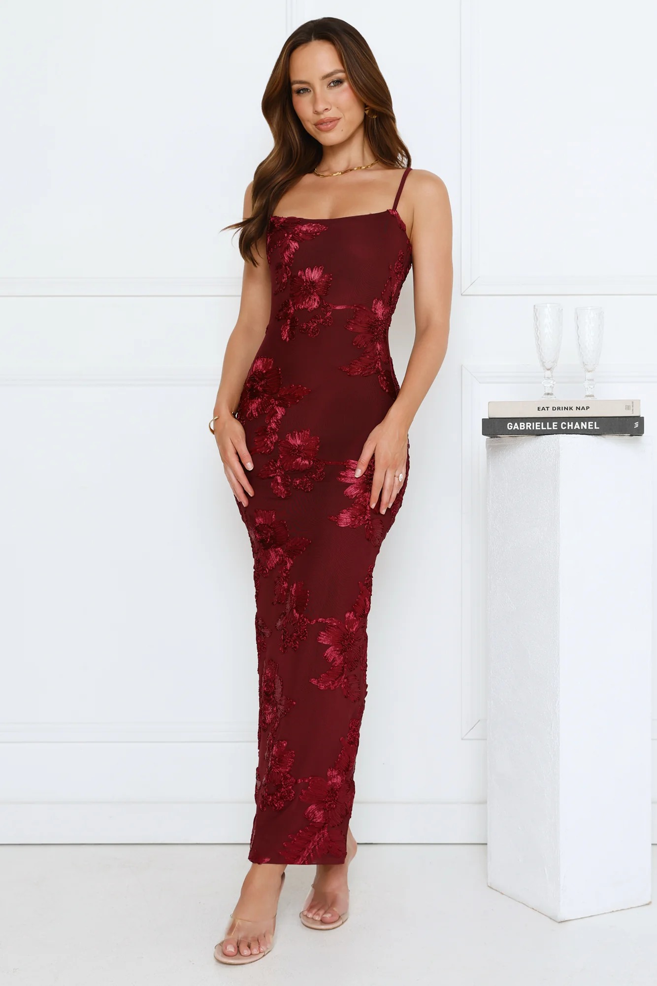 Celestial Luxe Mesh Maxi Dress Burgundy