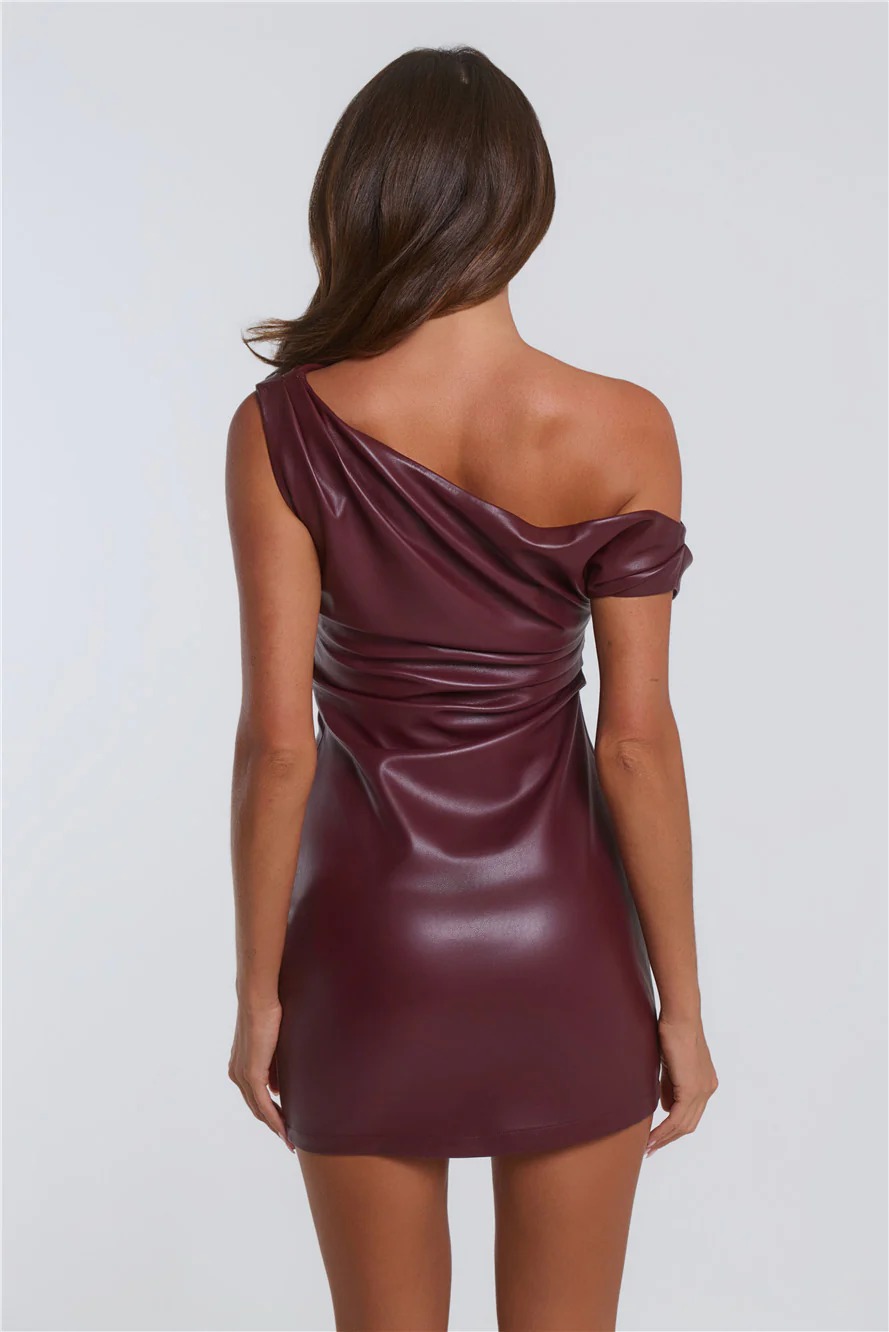 Hot Girl Hour Off Shoulder Faux Leather Mini Dress Wine