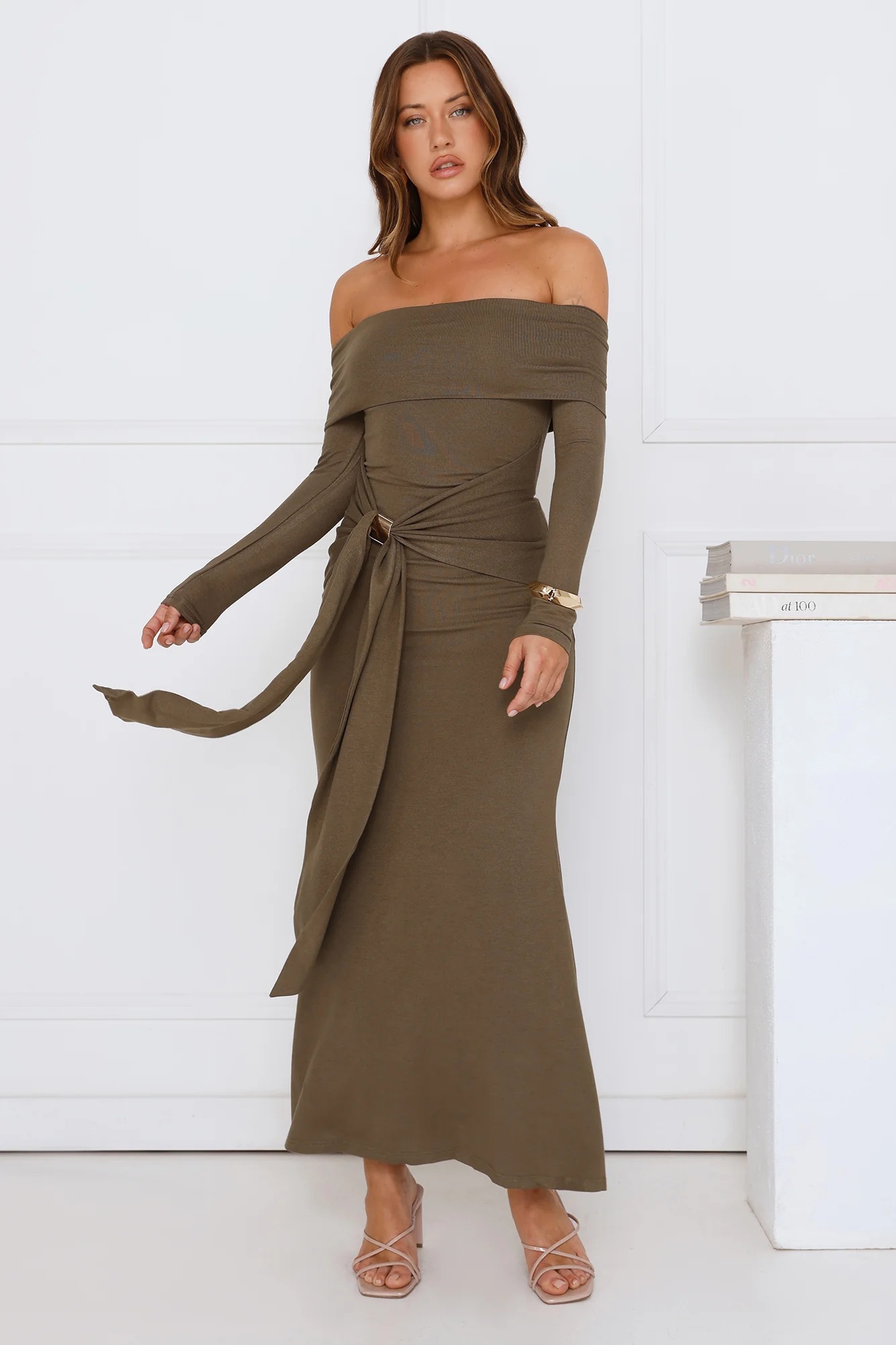 Subtle Statement Off Shoulder Maxi Dress Olive