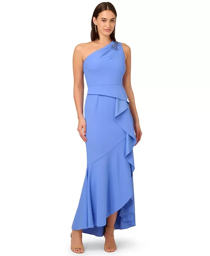 Adrianna Papell Women's Beaded One-Shoulder Crepe Gown