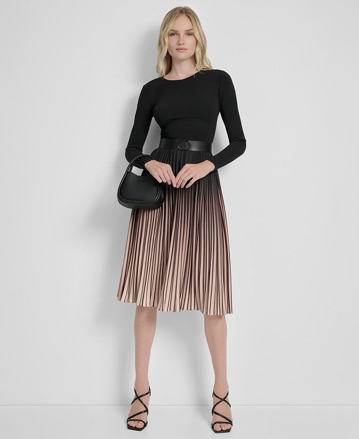 DKNY Women's Ombré Sunburst Pleat-Skirt Long-Sleeve Midi Dress
