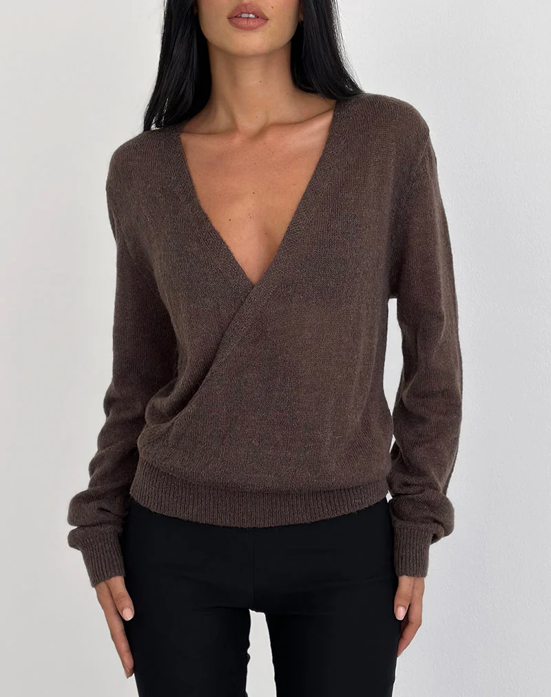 Saroya Plunge Wrap Top in Knit Dark Chocolate