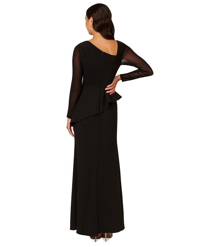 Adrianna Papell Women's Mesh Long-Sleeve Crepe Gown
