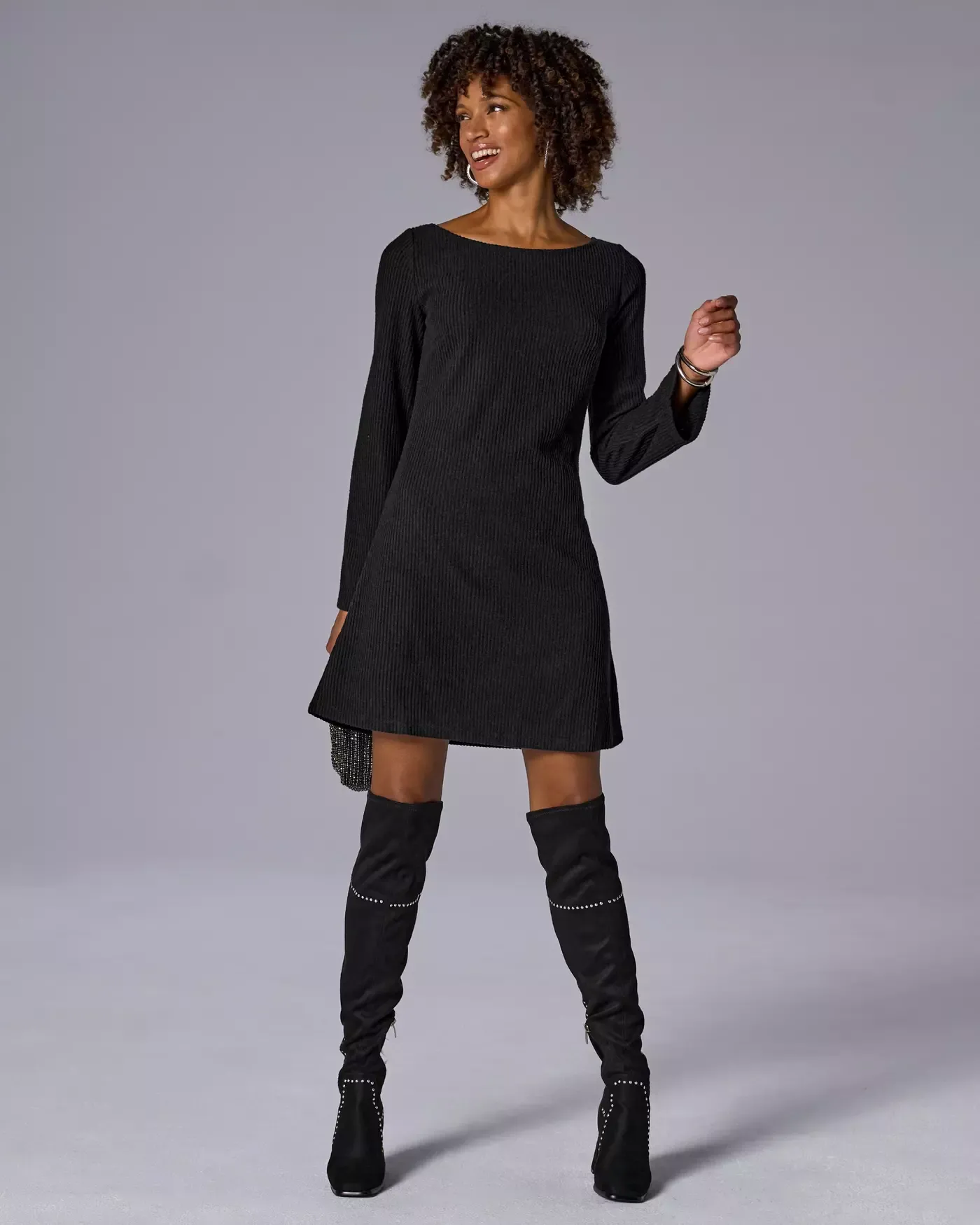 Ribbed Hacci Everyday A Line Dress Black