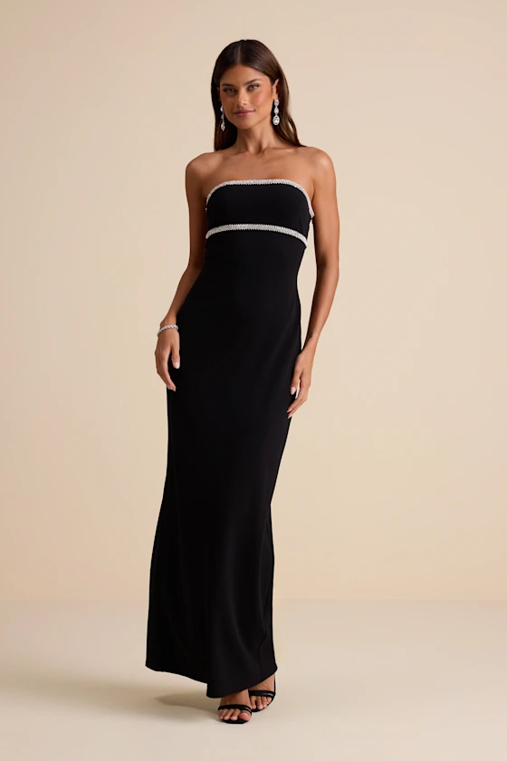 Kassine Black Rhinestone Cutout Strapless Maxi Dress