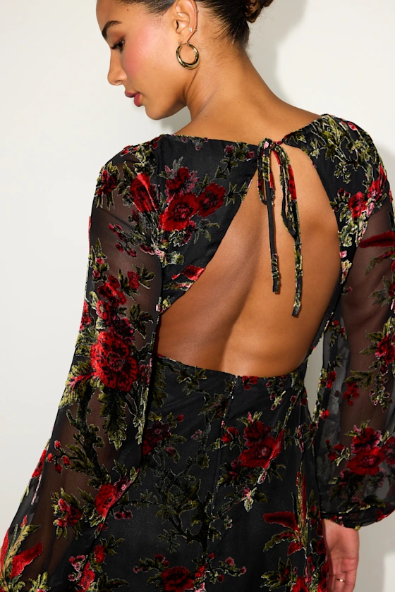 Marwella Black Burnout Velvet Backless Long Sleeve Mini Dress