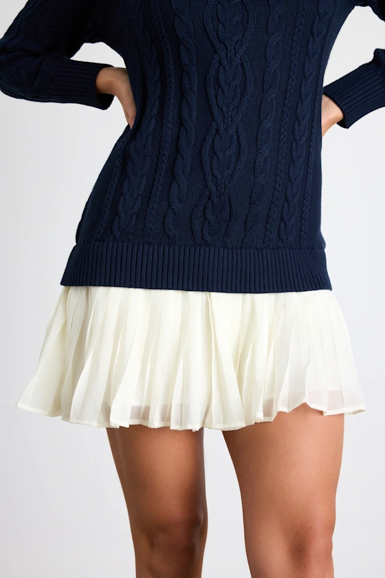 Alvie Navy Cable Knit Drop Waist Sweater Dress