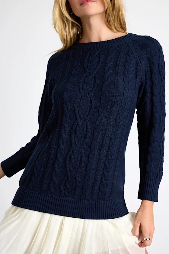 Alvie Navy Cable Knit Drop Waist Sweater Dress