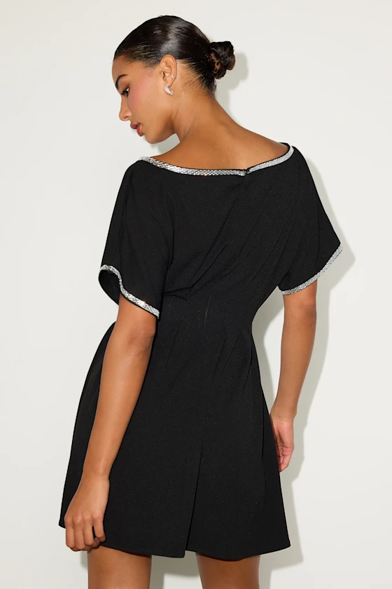 Dessen Black Rhinestone Trim Short Sleeve Mini Dress