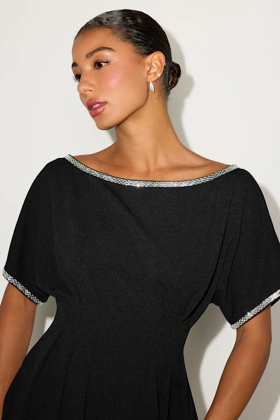 Dessen Black Rhinestone Trim Short Sleeve Mini Dress