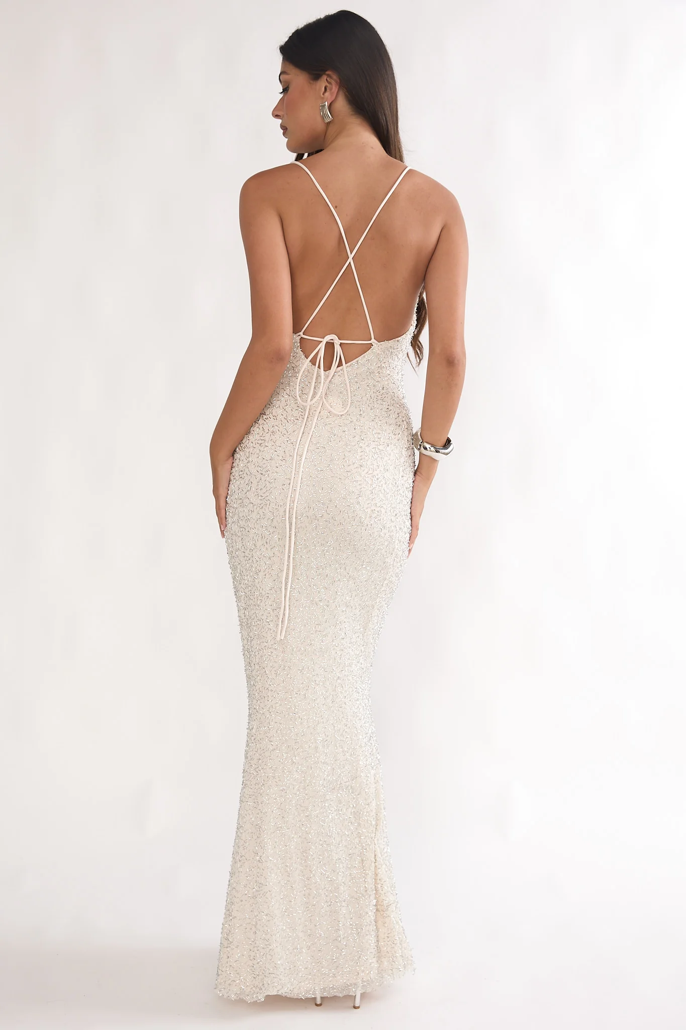 Emillia Strappy Open Back Maxi Dress Sequin Ivory
