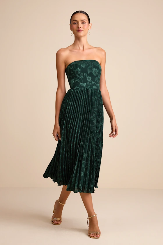 Perfectly Stunning Emerald Jacquard Strapless Midi Dress