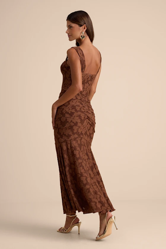 Celeste Brown Floral Burnout Bustier Maxi Dress