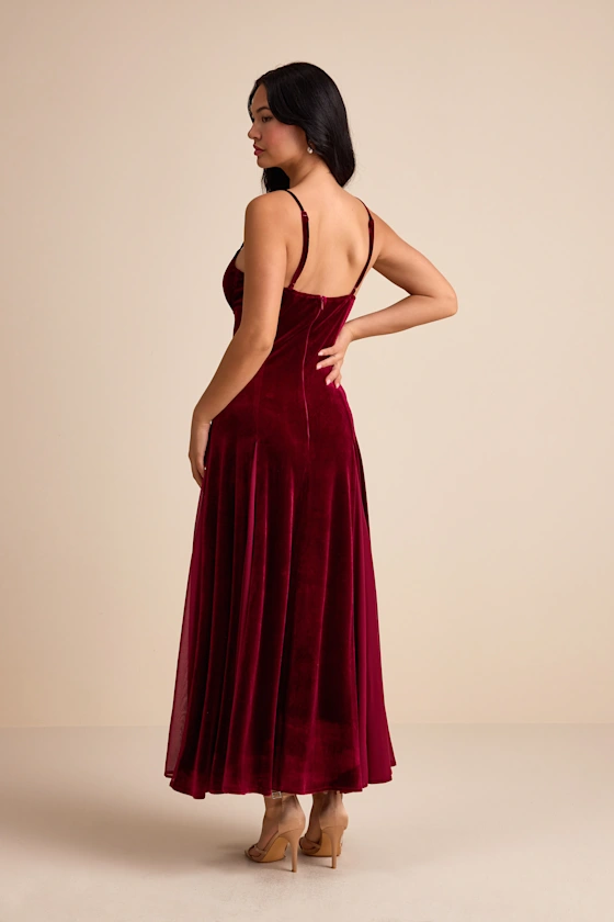 Elisha Burgundy and Red Velvet Pleated Midi Dress