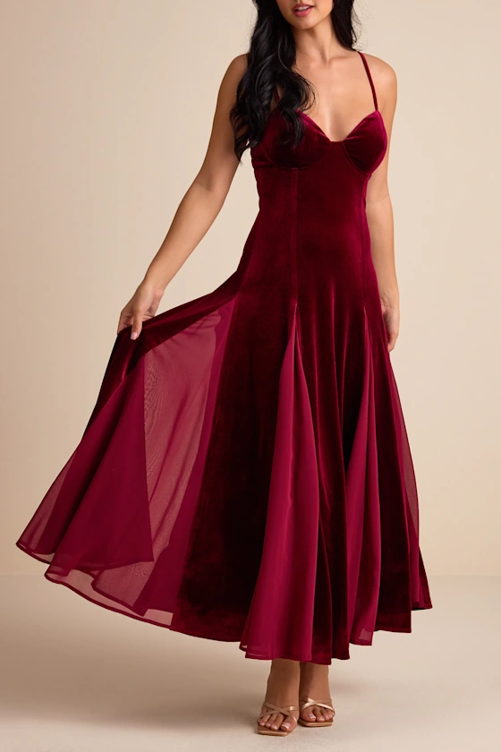 Elisha Burgundy and Red Velvet Pleated Midi Dress