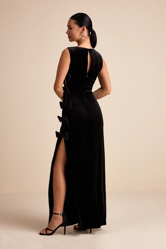Cordelia Black Velvet Bow Cutout Column Maxi Dress
