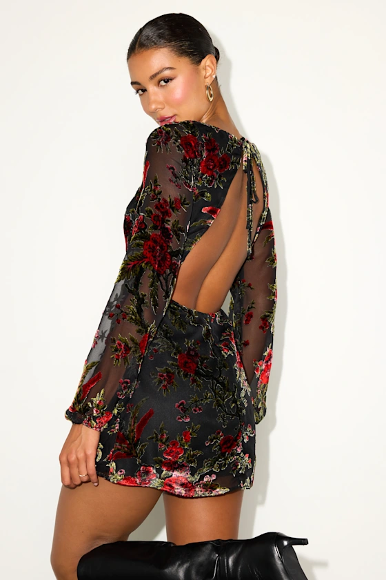 Marwella Black Burnout Velvet Backless Long Sleeve Mini Dress